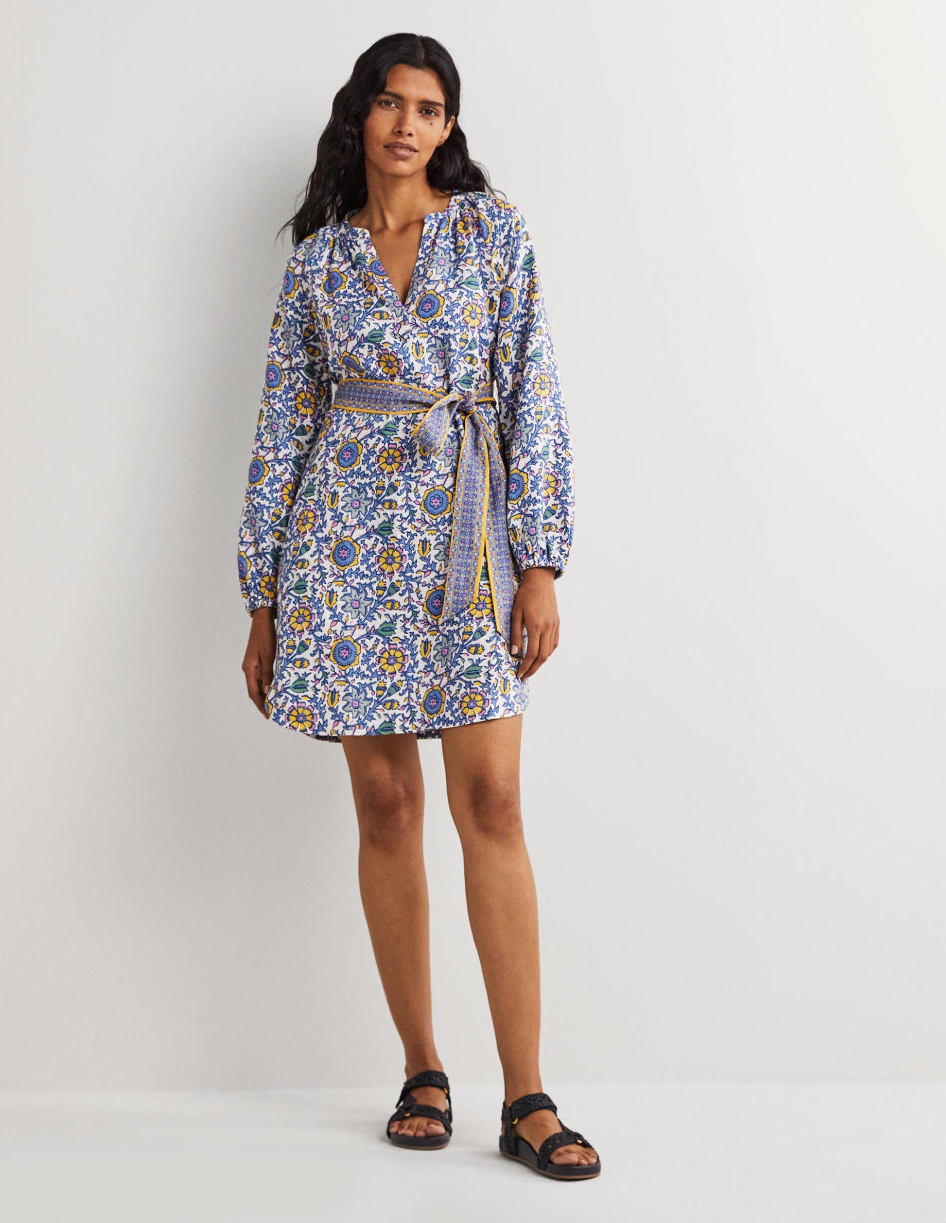 Notch Neck Linen Mini Dress-Riviera Blue, Enchanting Twig-5