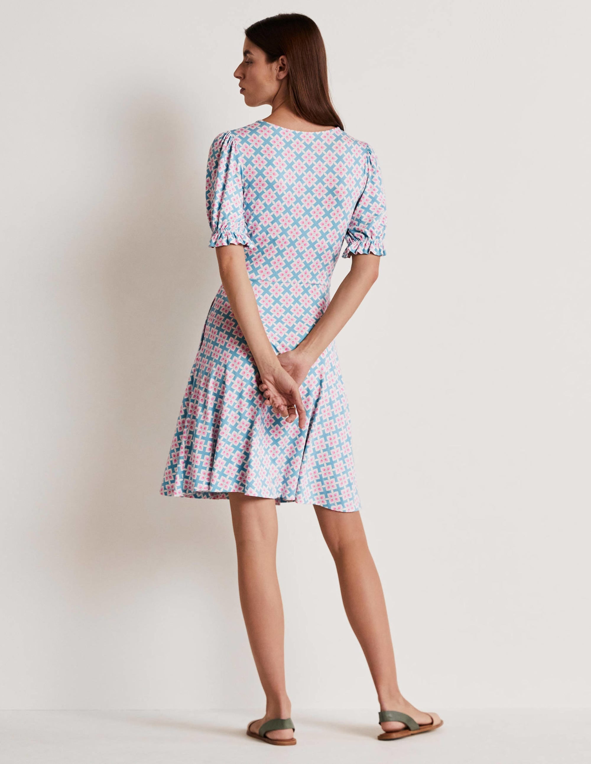 V-Neck Jersey Dress-Coastal Shade, Diamond Leaf - Image 3