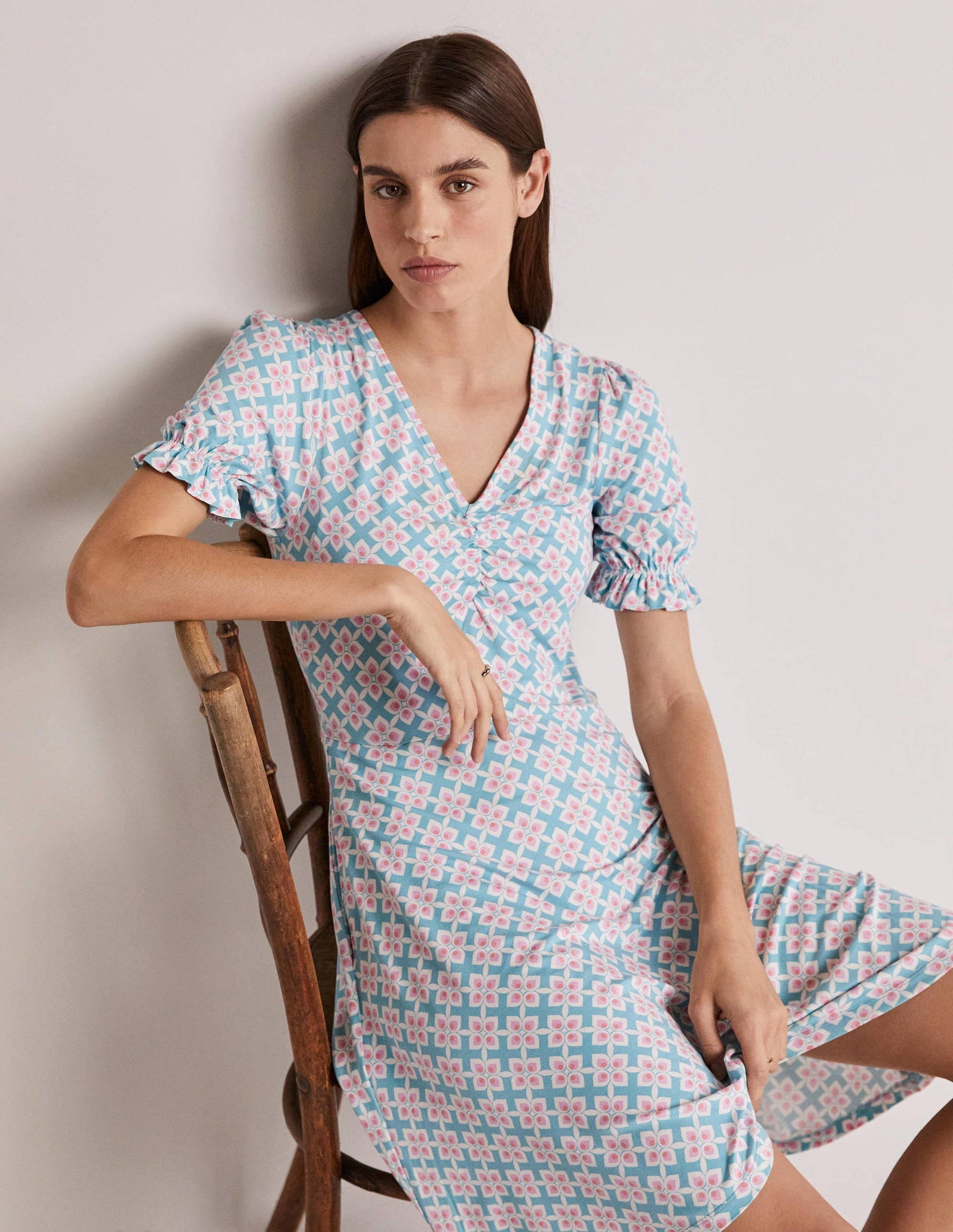 V-Neck Jersey Dress-Coastal Shade, Diamond Leaf-4