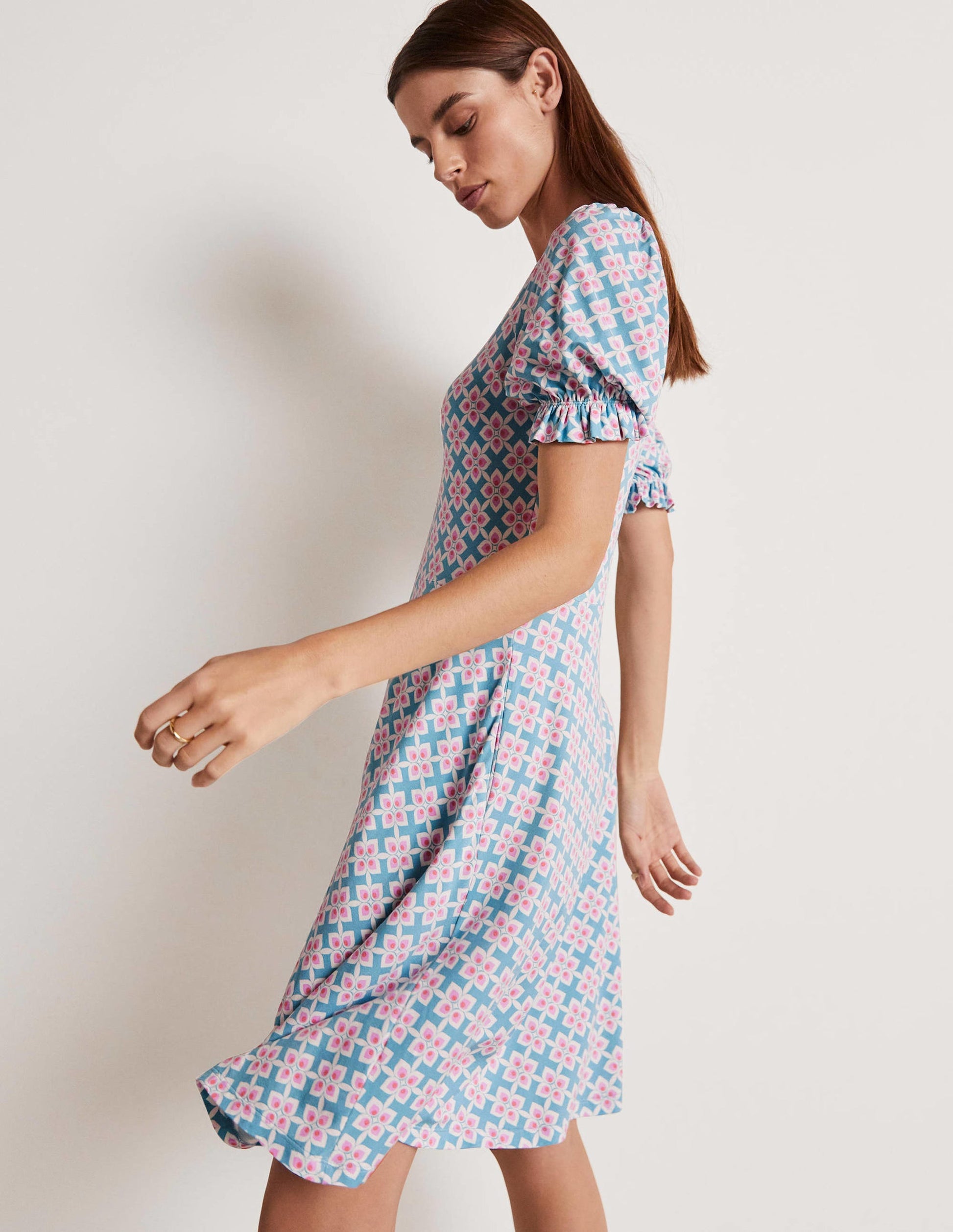 V-Neck Jersey Dress-Coastal Shade, Diamond Leaf-5