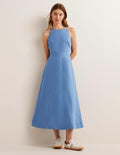 Halterneck Linen Midi Dress-Riviera Blue