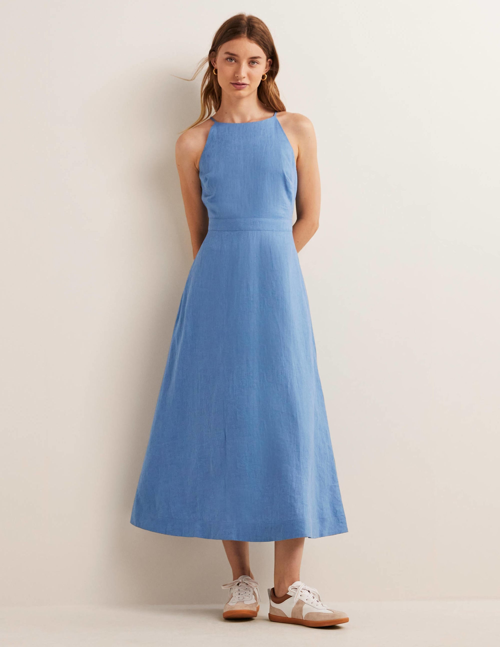 Halterneck Linen Midi Dress-Riviera Blue - Image 1