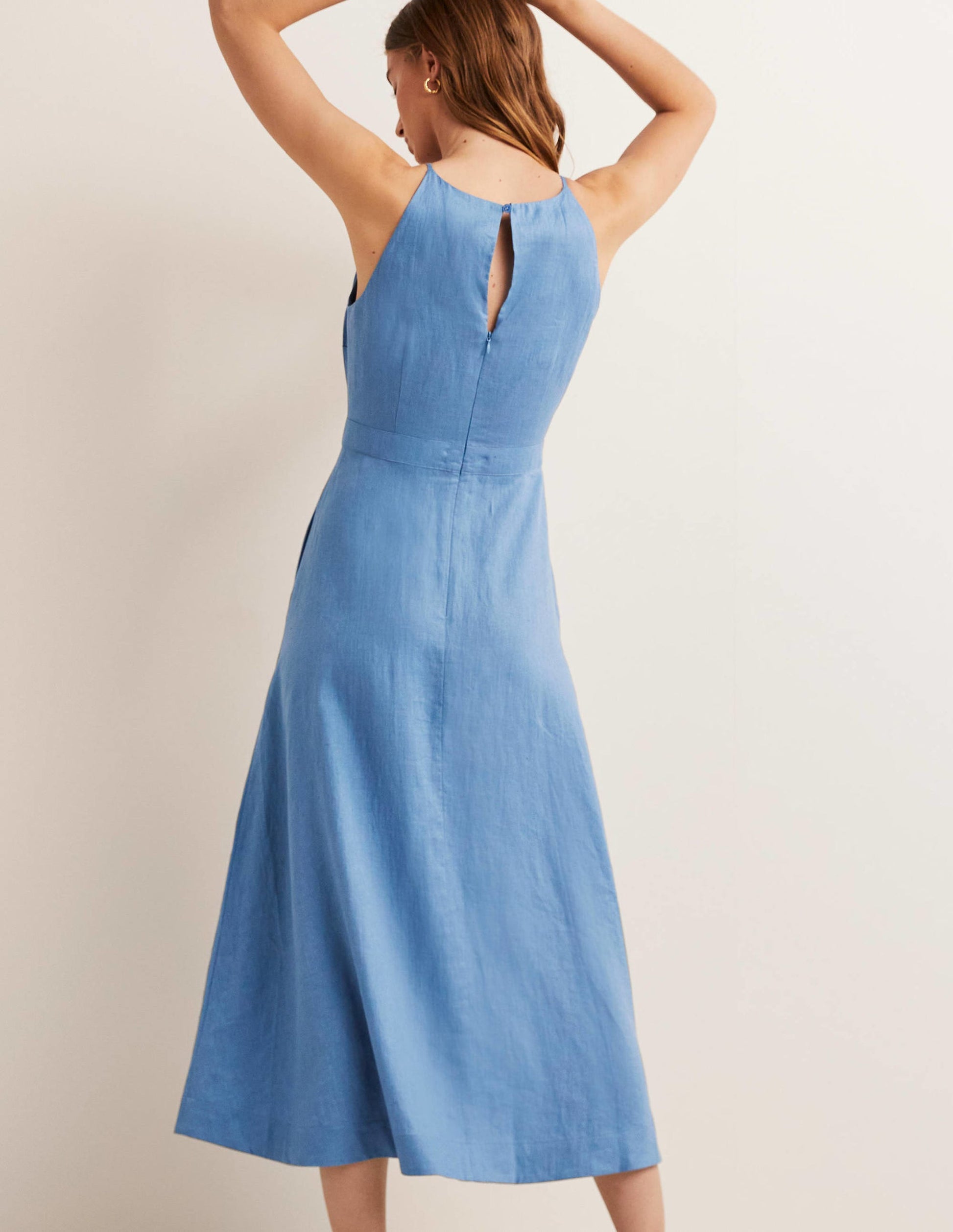 Halterneck Linen Midi Dress-Riviera Blue-3