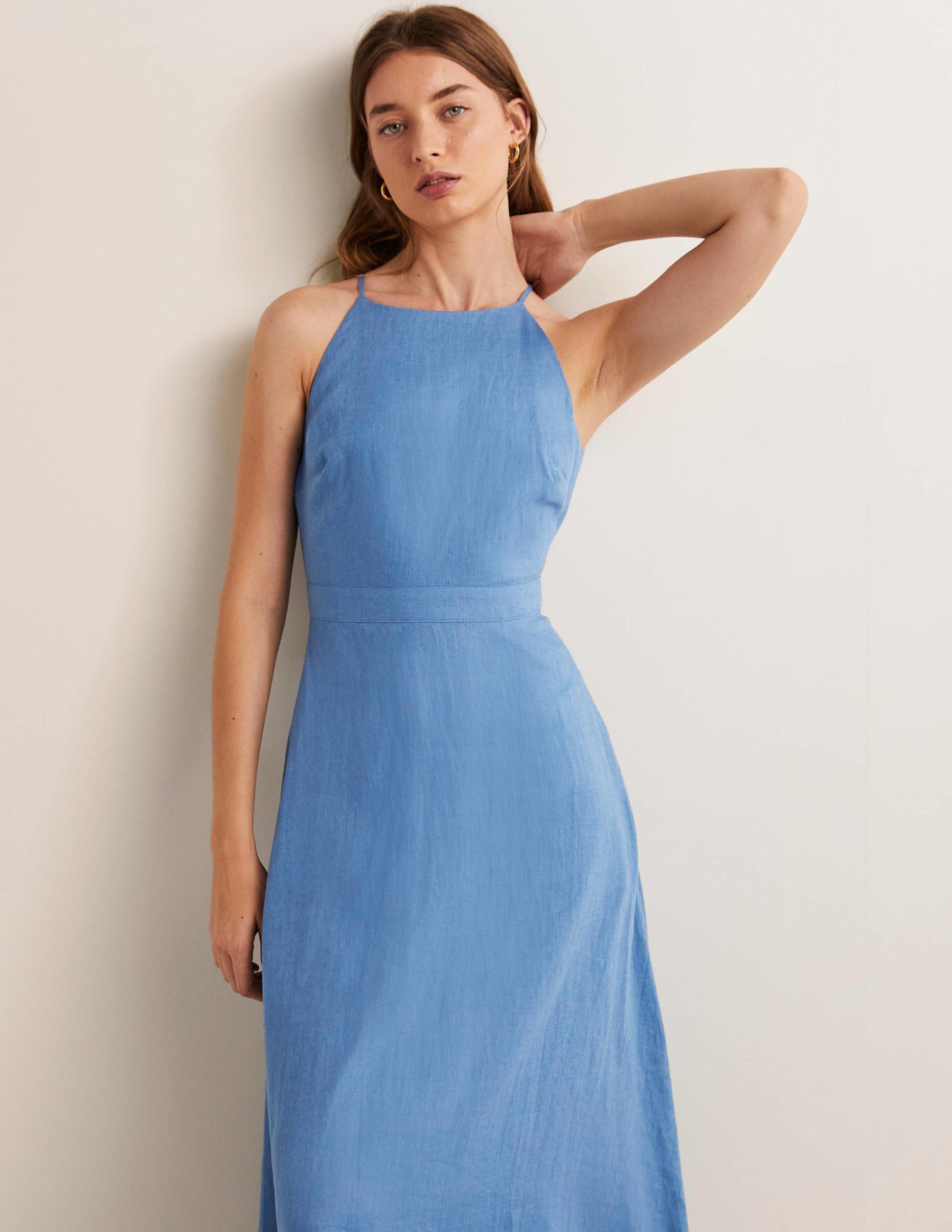 Halterneck Linen Midi Dress-Riviera Blue-4