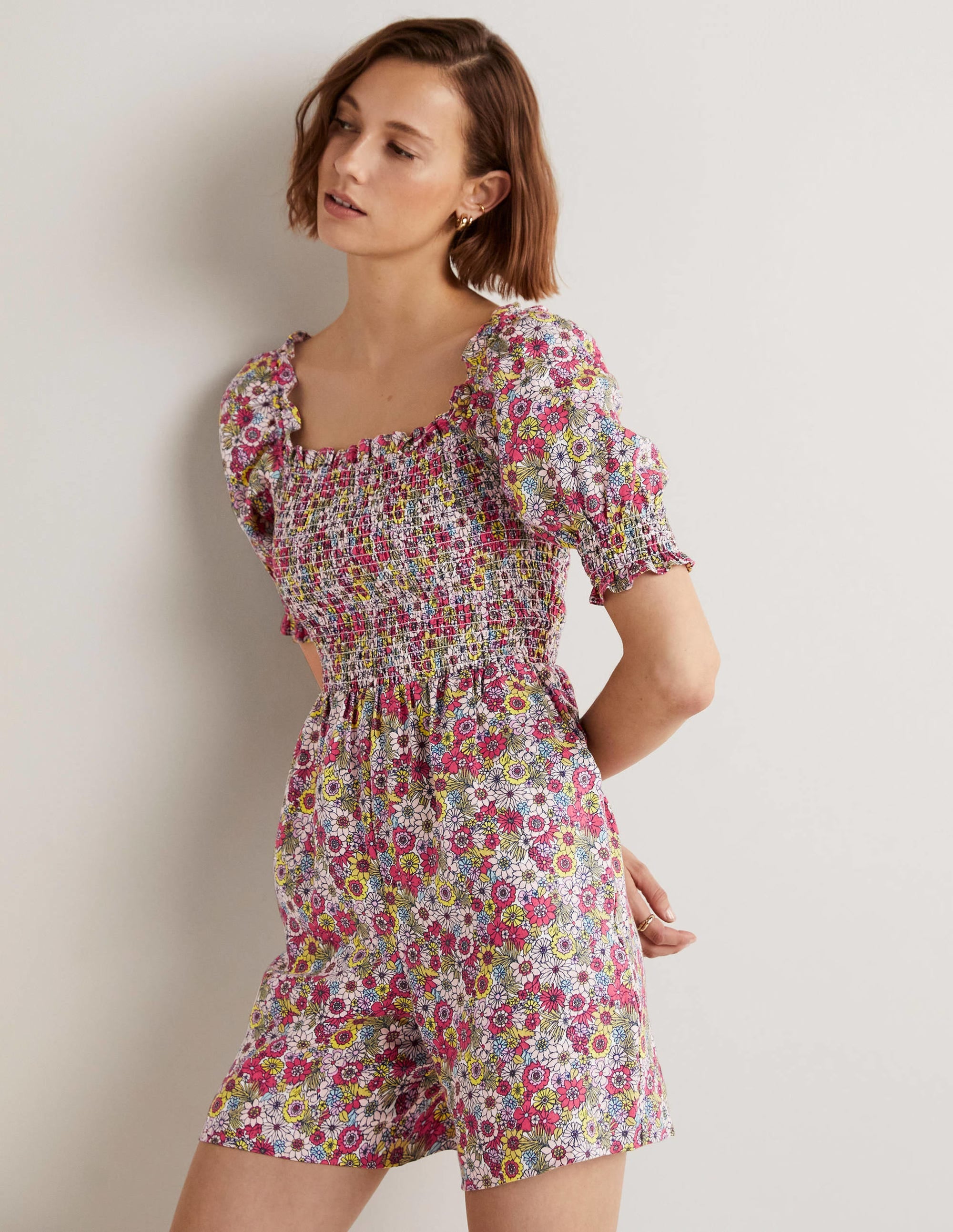 Smocked Bodice Playsuit-Multi, Bloom Garden - Image 1