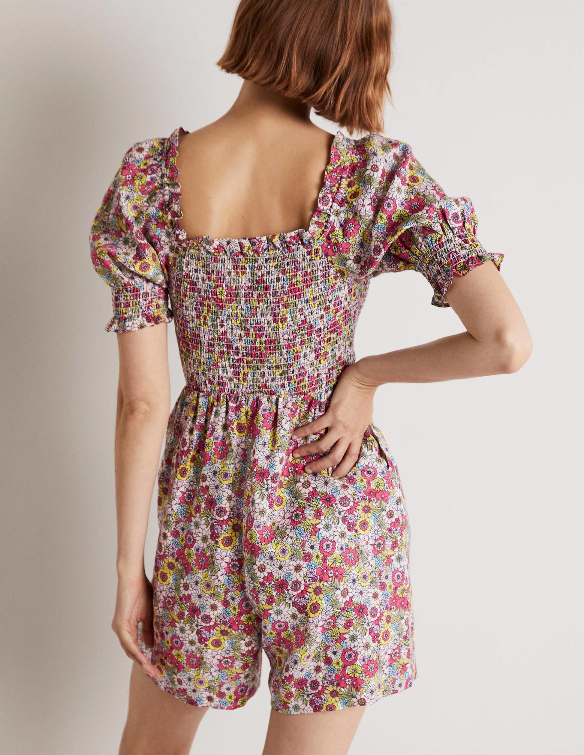 Smocked Bodice Playsuit-Multi, Bloom Garden-3