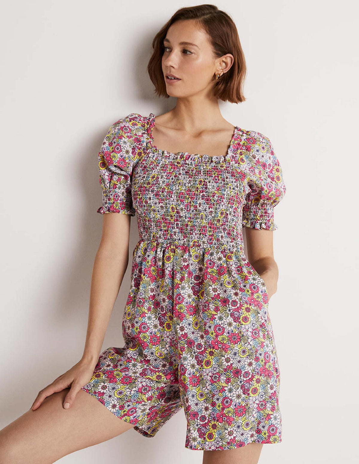 Smocked Bodice Playsuit-Multi, Bloom Garden - Image 5