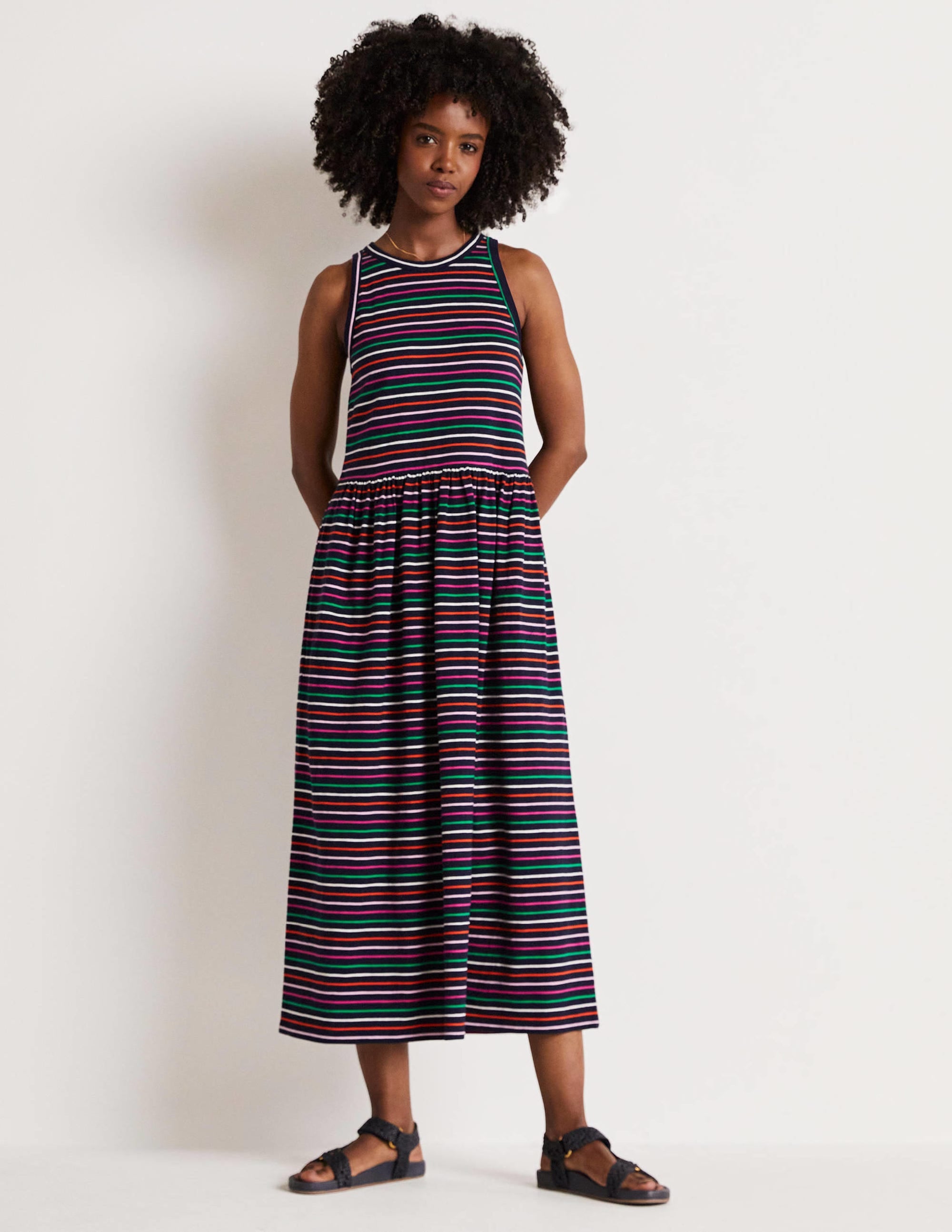 Sleeveless Jersey Midi Dress-Navy Multi Stripe - Image 6