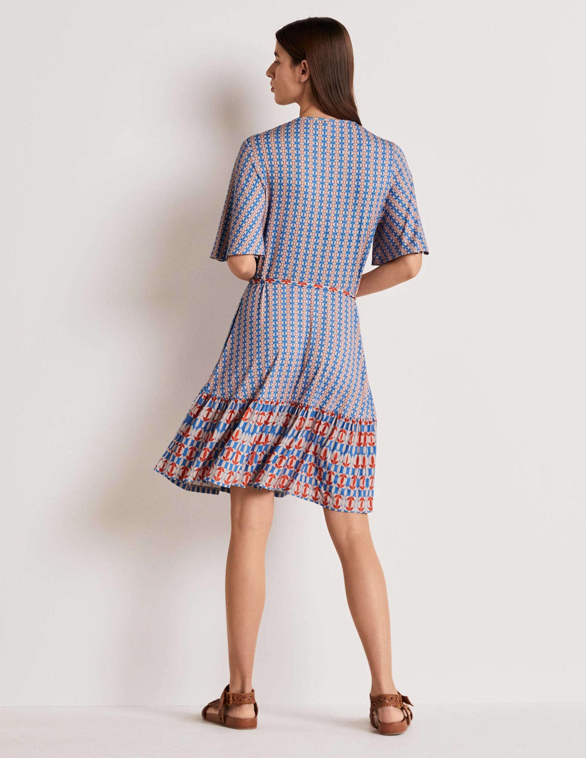 Notch Neck Tiered Jersey Dress-Mosaic Blue, Petal Geo-8