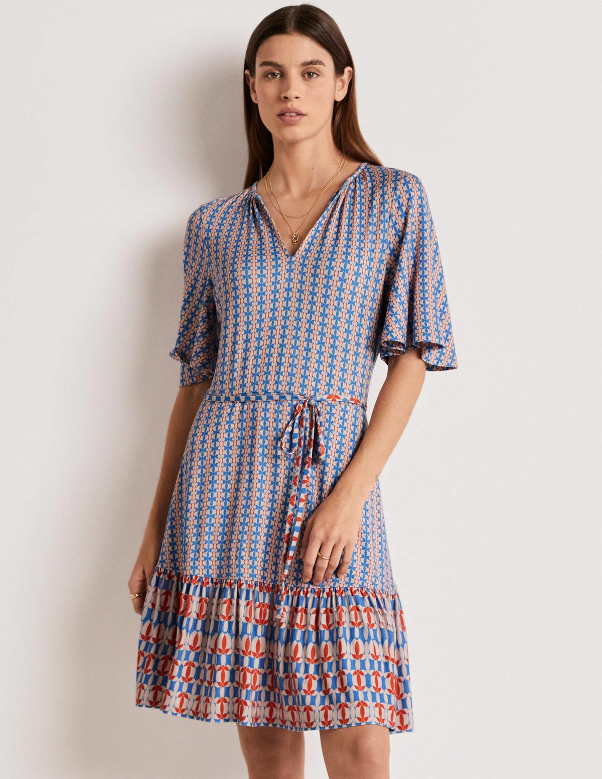 Notch Neck Tiered Jersey Dress-Mosaic Blue, Petal Geo - Image 1