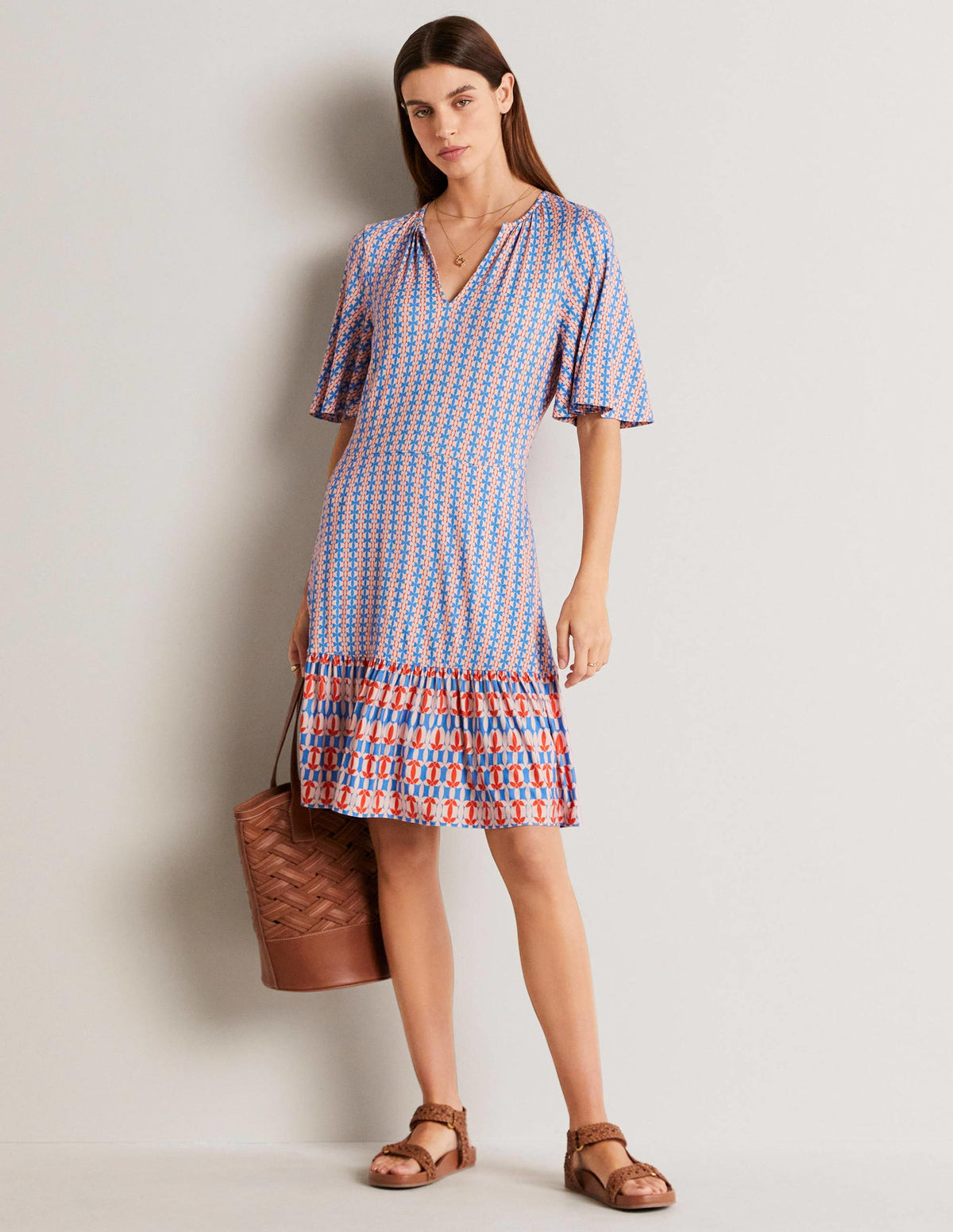 Notch Neck Tiered Jersey Dress-Mosaic Blue, Petal Geo - Image 5