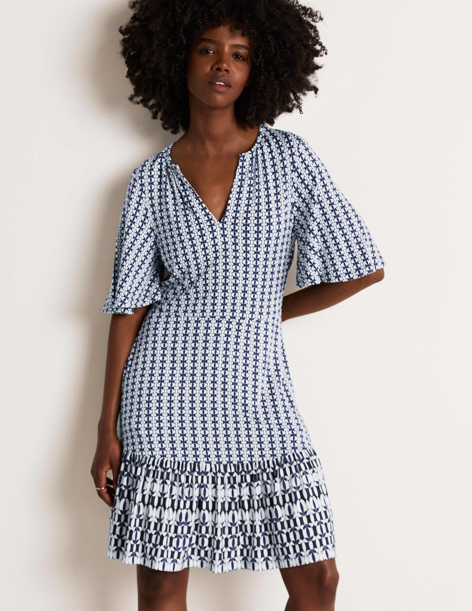 Notch Neck Tiered Jersey Dress-French Navy, Petal Geo - Image 5