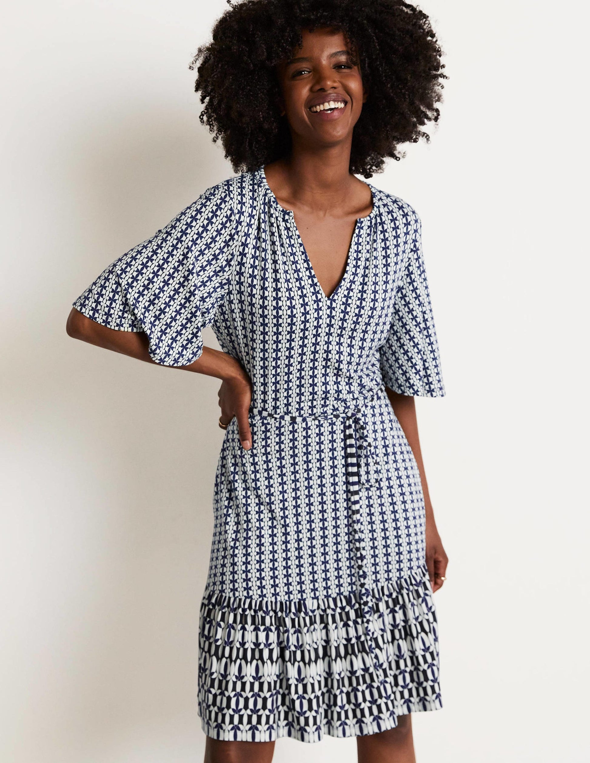 Notch Neck Tiered Jersey Dress-French Navy, Petal Geo-8