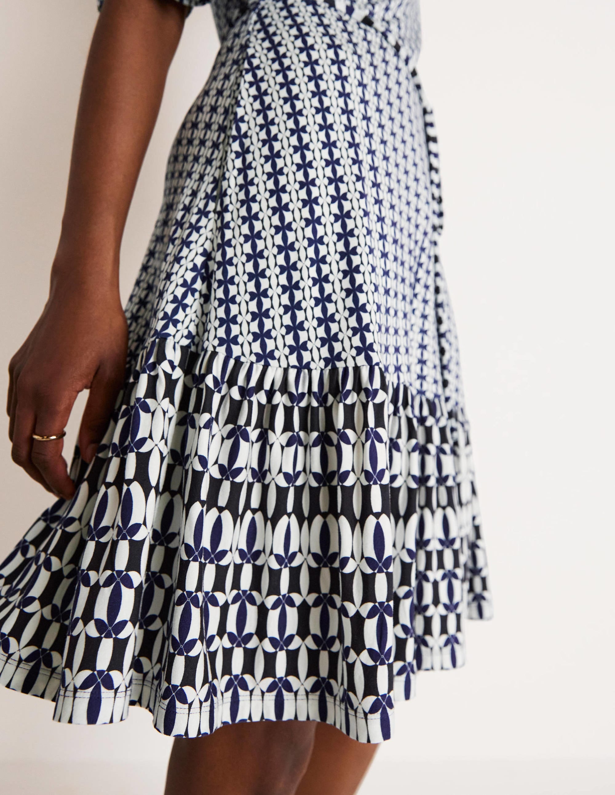 Notch Neck Tiered Jersey Dress-French Navy, Petal Geo - Image 2