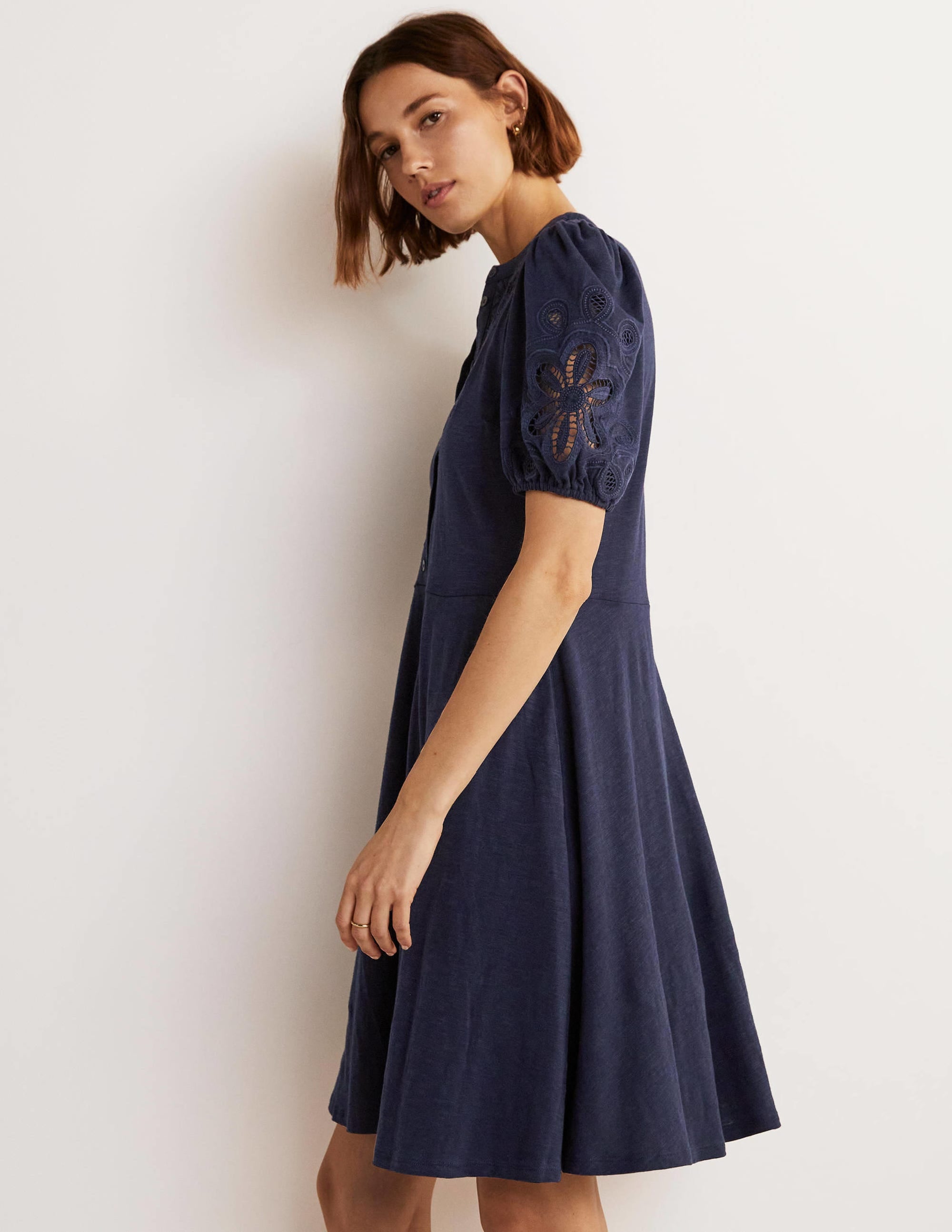 Embroidered Jersey Shirt Dress-Navy - Image 10
