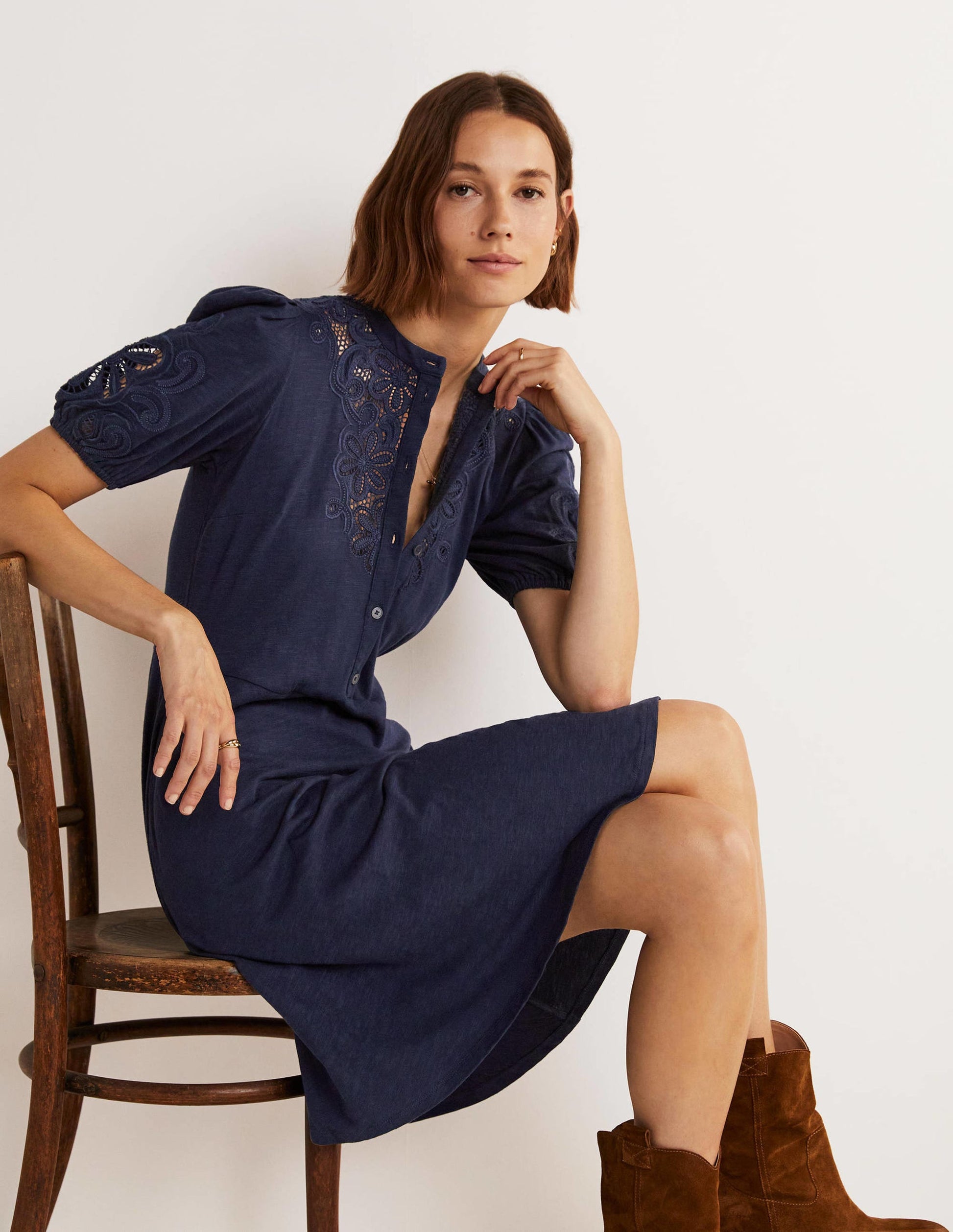 Embroidered Jersey Shirt Dress-Navy-5