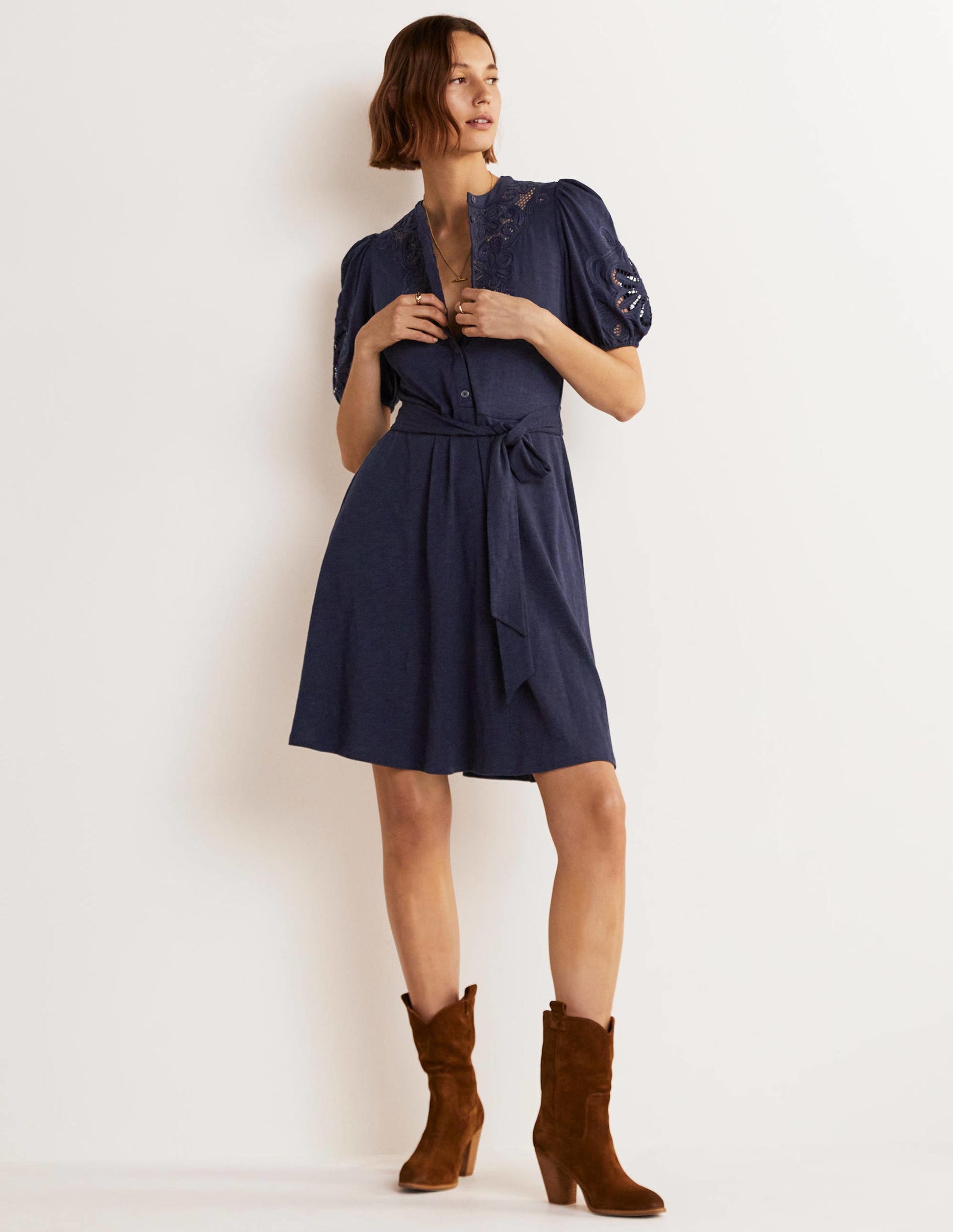 Embroidered Jersey Shirt Dress-Navy-6