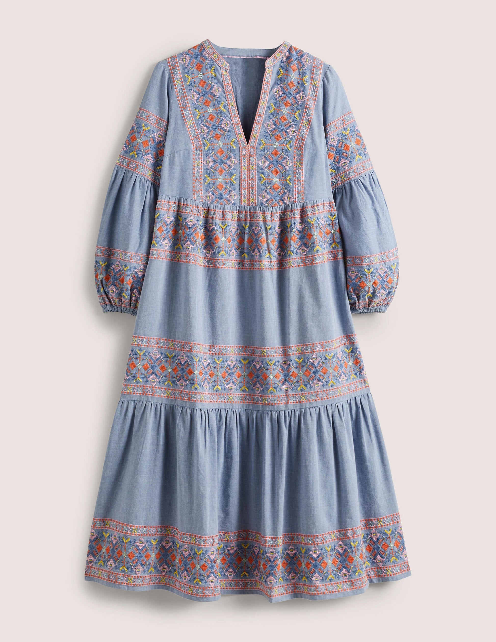Tiered Embroidered Maxi Dress-Light Chambray-10