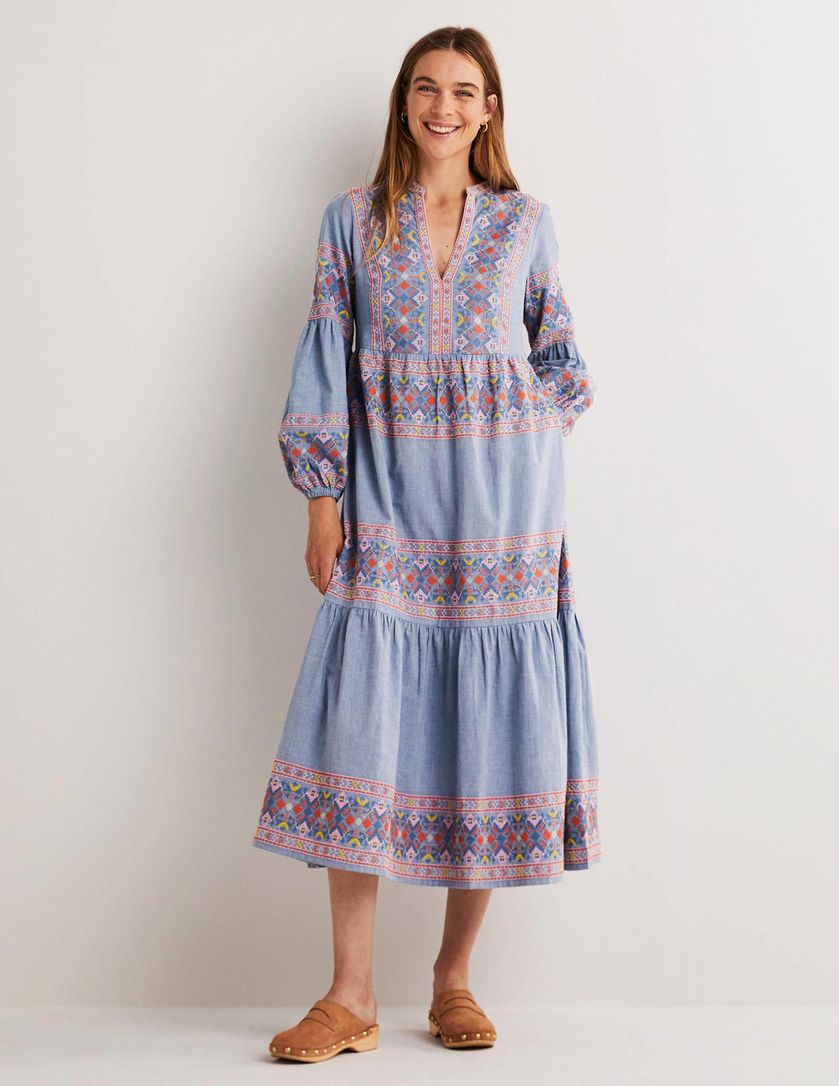 Tiered Embroidered Maxi Dress-Light Chambray-1