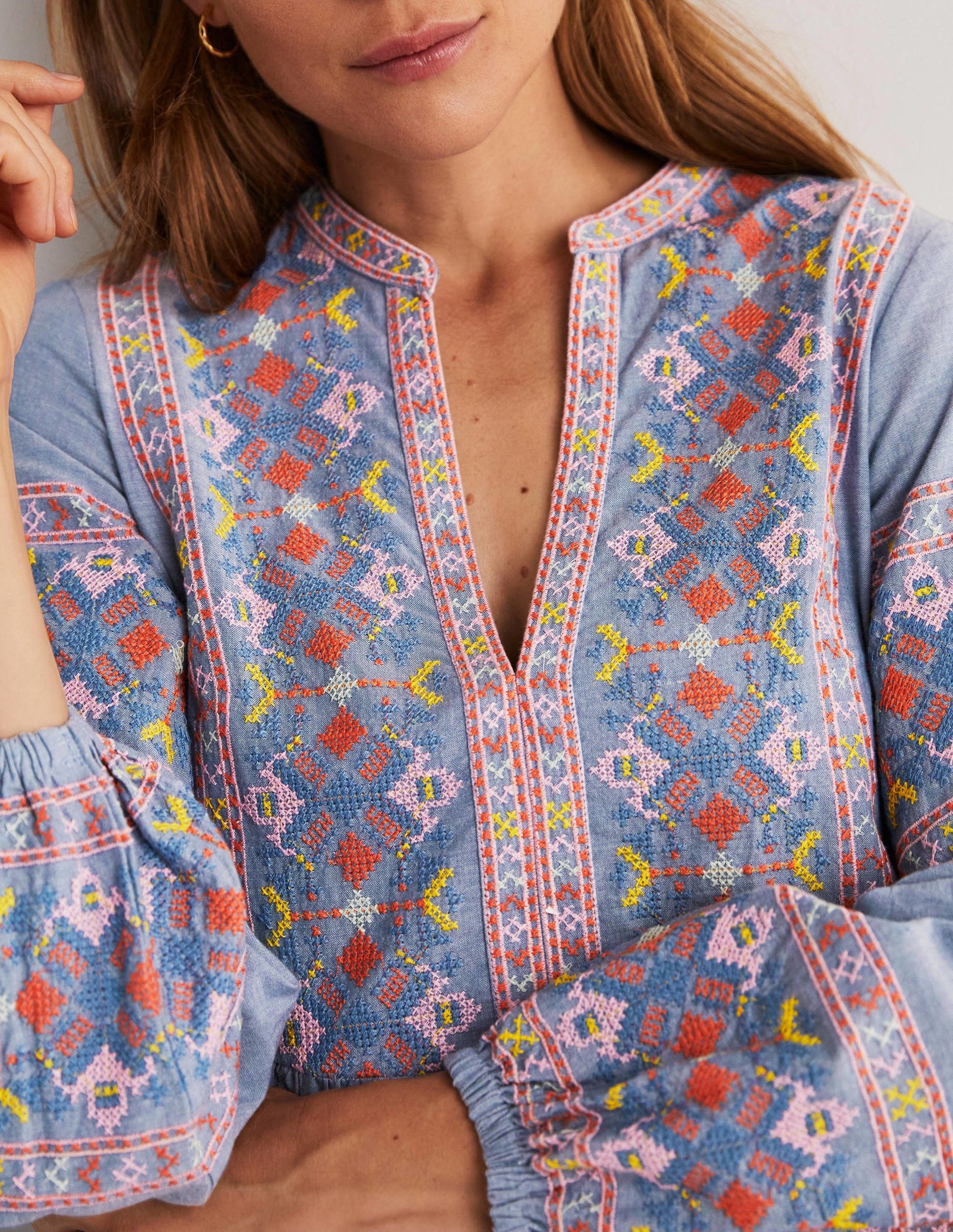 Tiered Embroidered Maxi Dress-Light Chambray-2