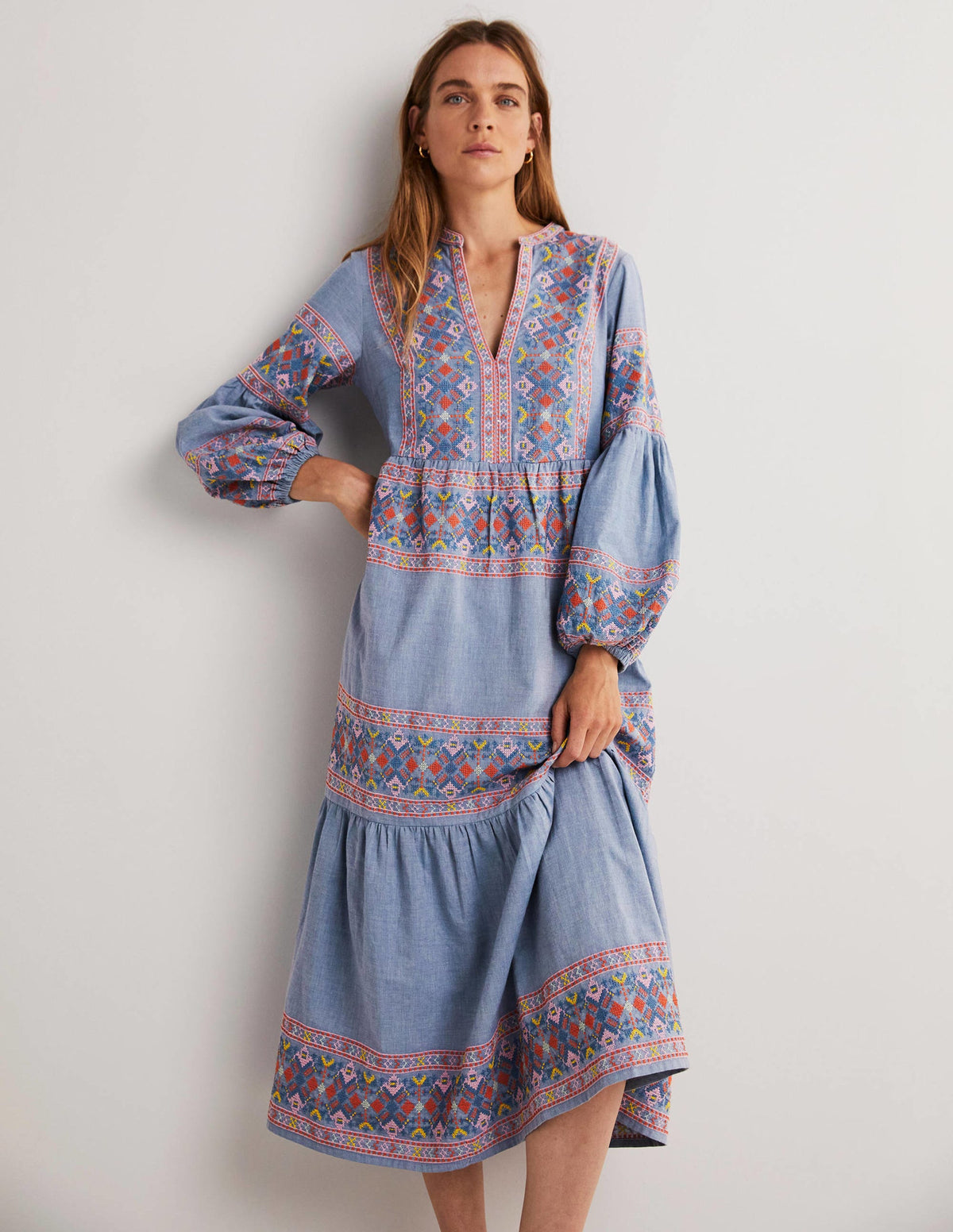 Tiered Embroidered Maxi Dress-Light Chambray - Image 4