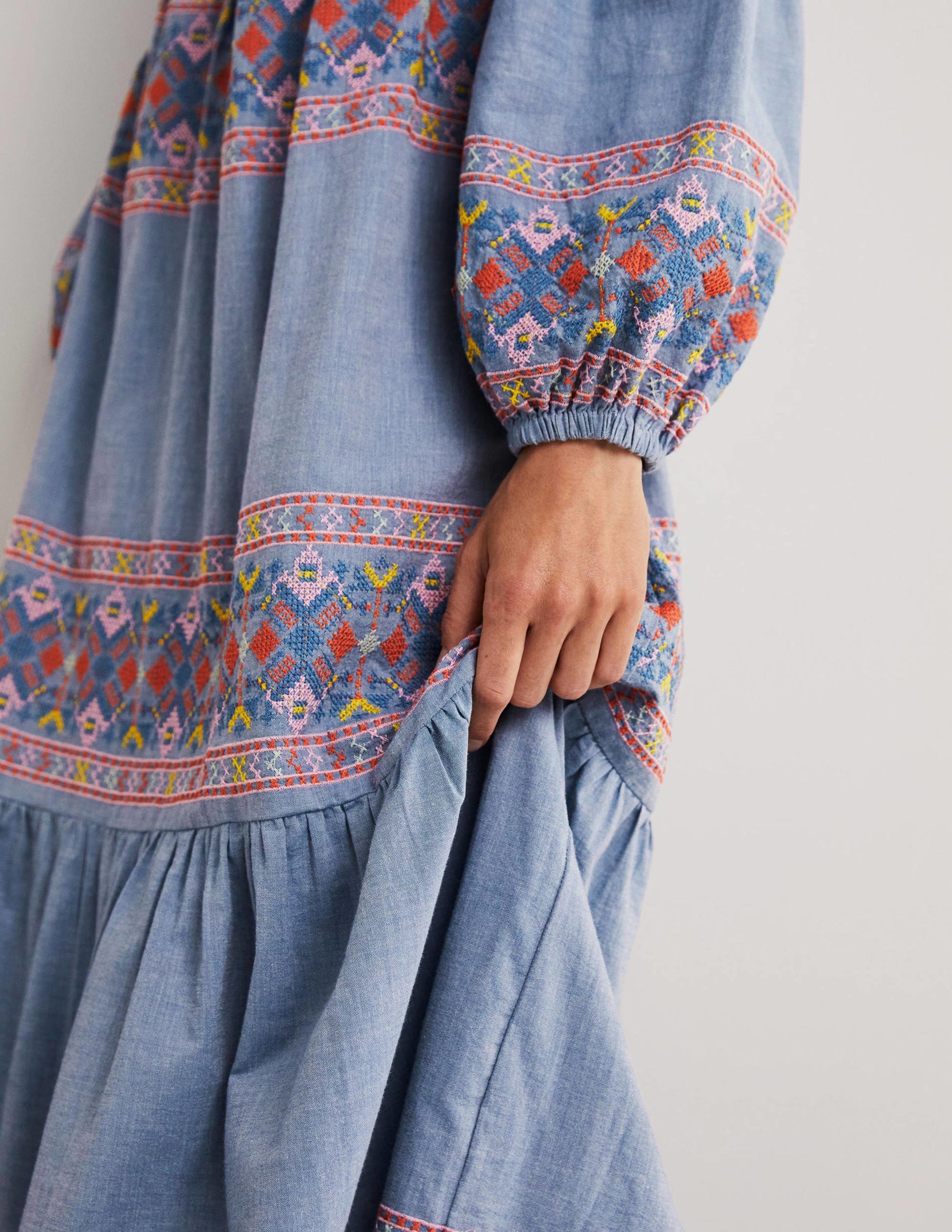 Tiered Embroidered Maxi Dress-Light Chambray-5