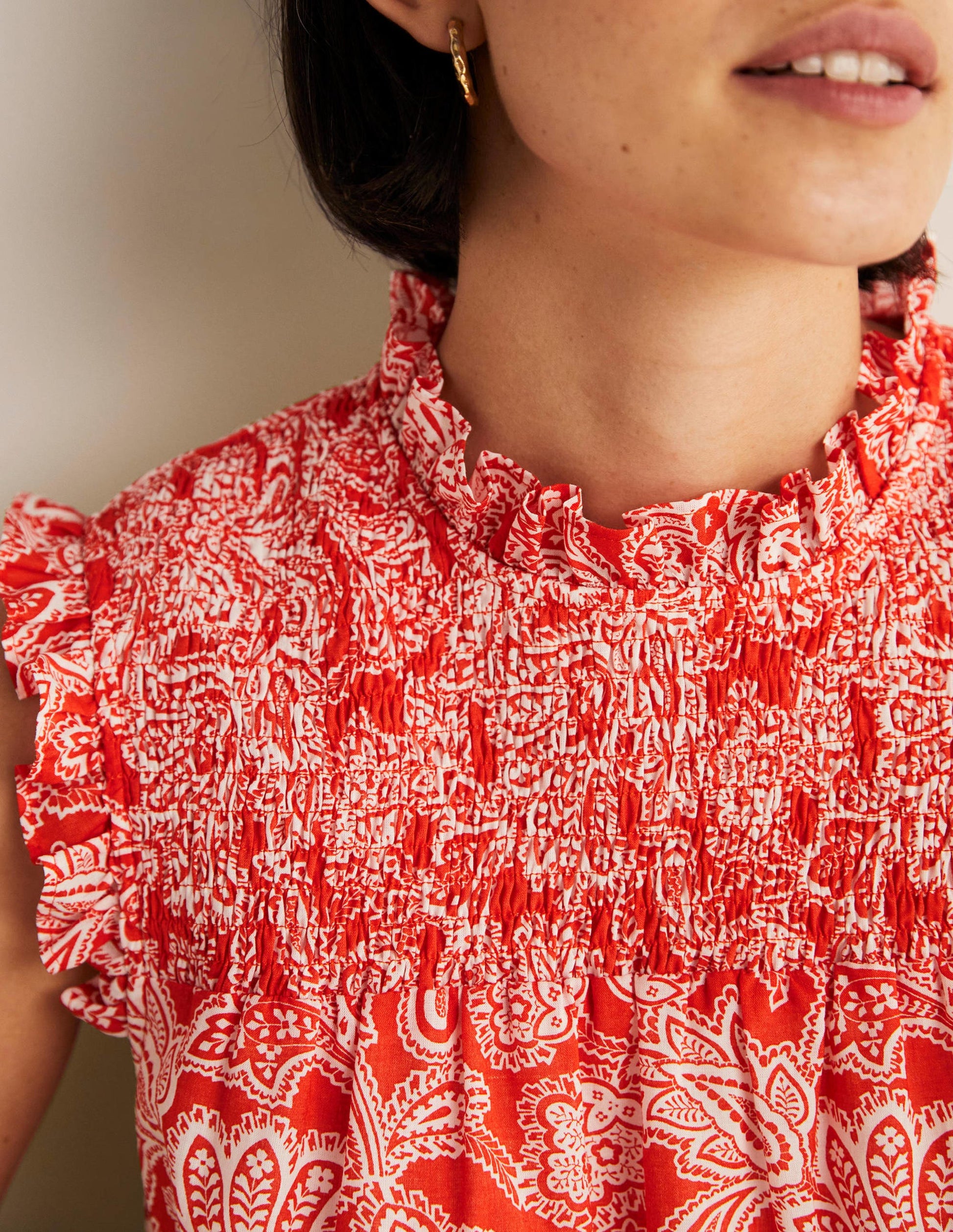 Sleeveless Smocked Mini Dress-Firecracker, Paisley Bud-6