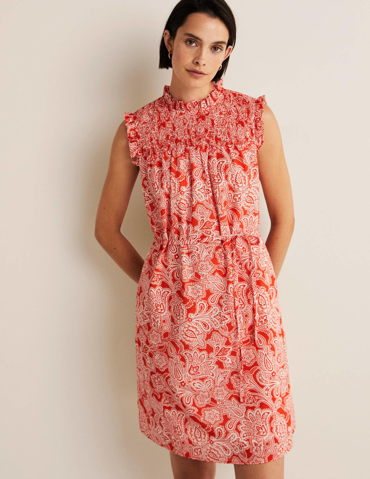 Sleeveless Smocked Mini Dress-Firecracker, Paisley Bud - Image 8