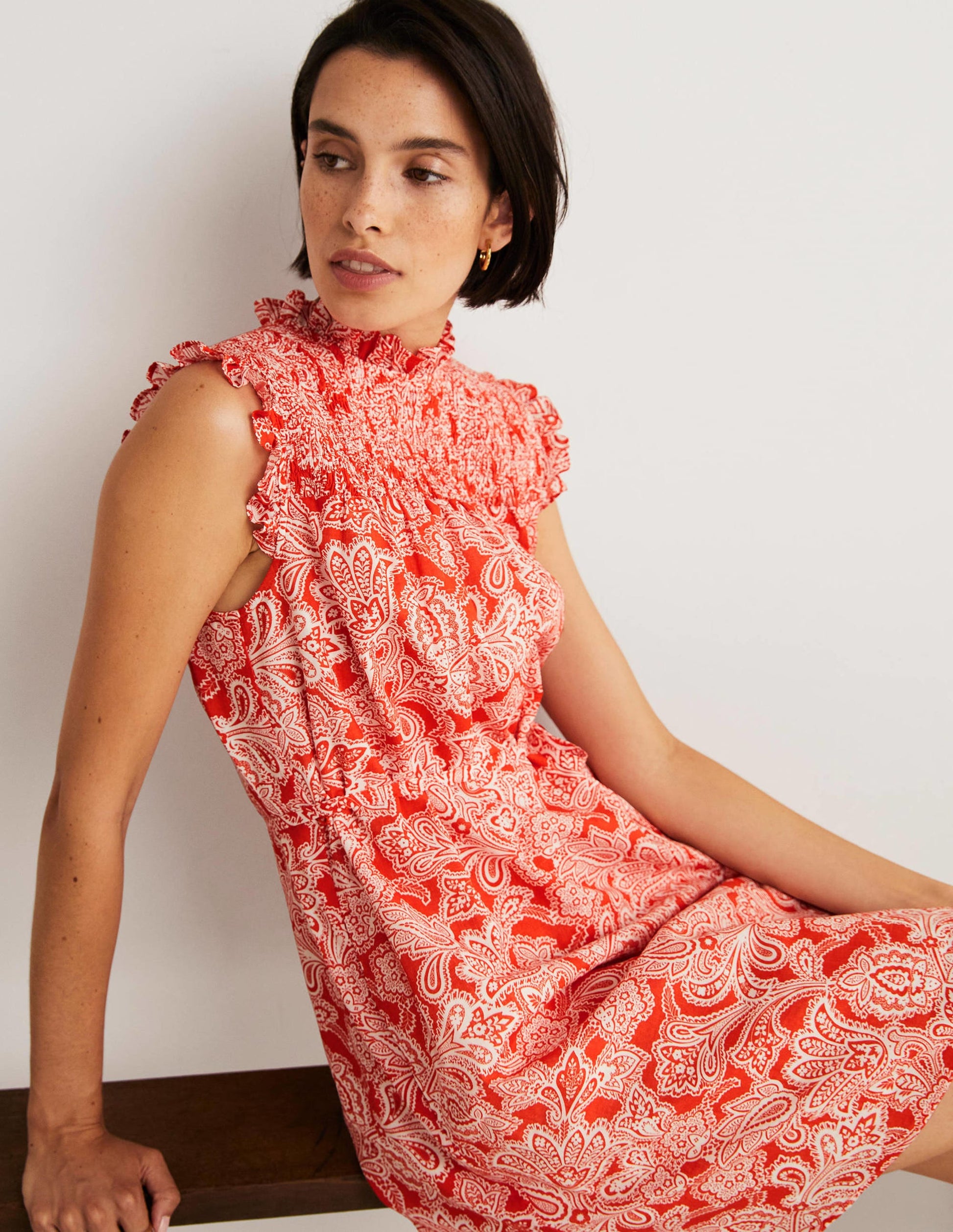 Sleeveless Smocked Mini Dress-Firecracker, Paisley Bud-5