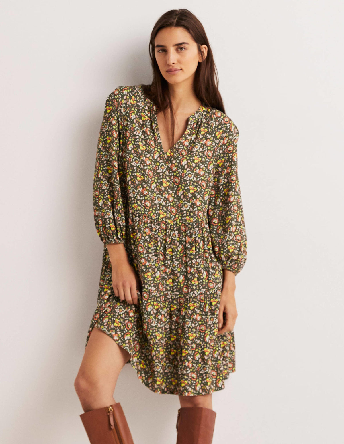 Notch Neck Tiered Dress-Basil, Botanic Meadow-1