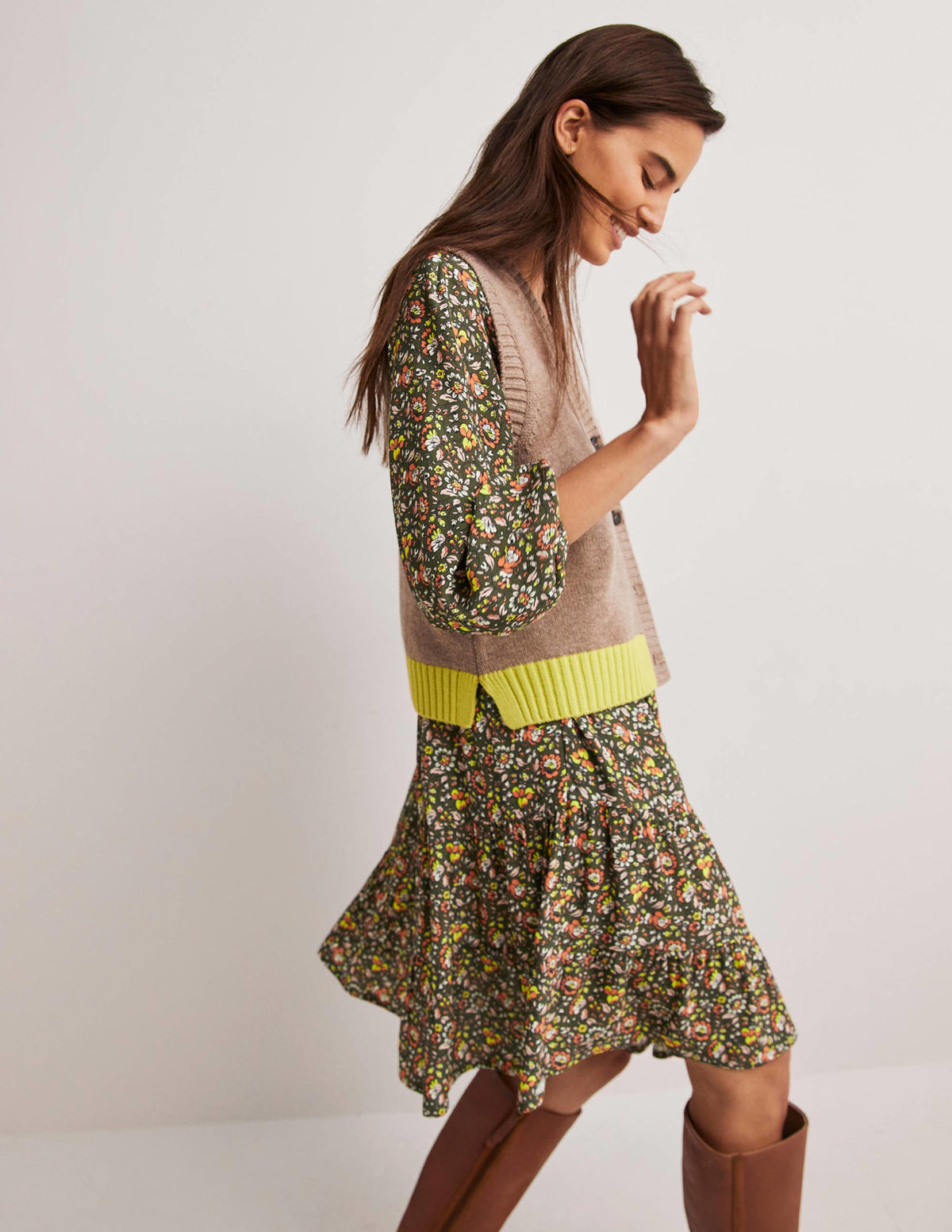 Notch Neck Tiered Dress-Basil, Botanic Meadow - Image 4