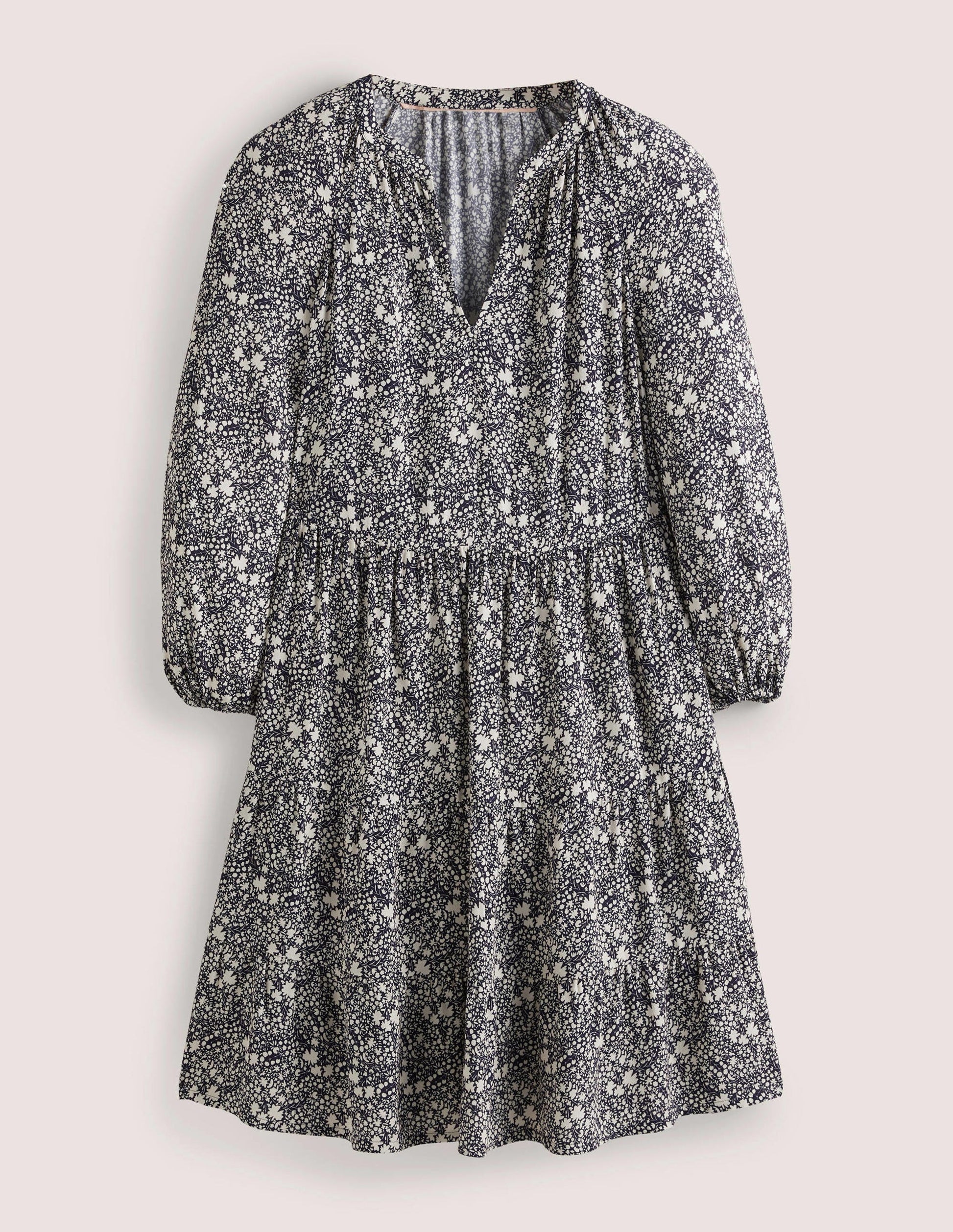 Notch Neck Tiered Dress-Navy, Abstract Ditsy-5