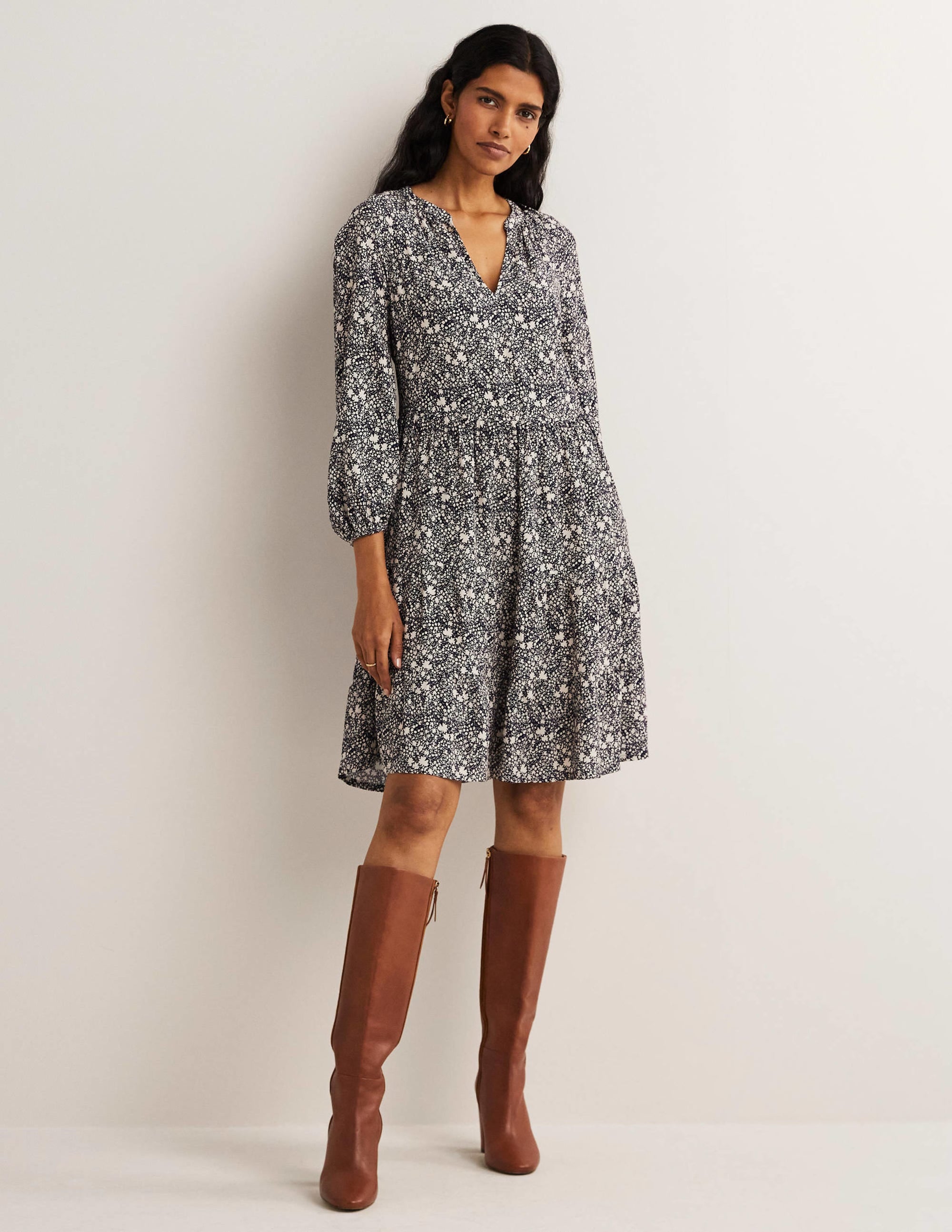 Notch Neck Tiered Dress-Navy, Abstract Ditsy - Image 1