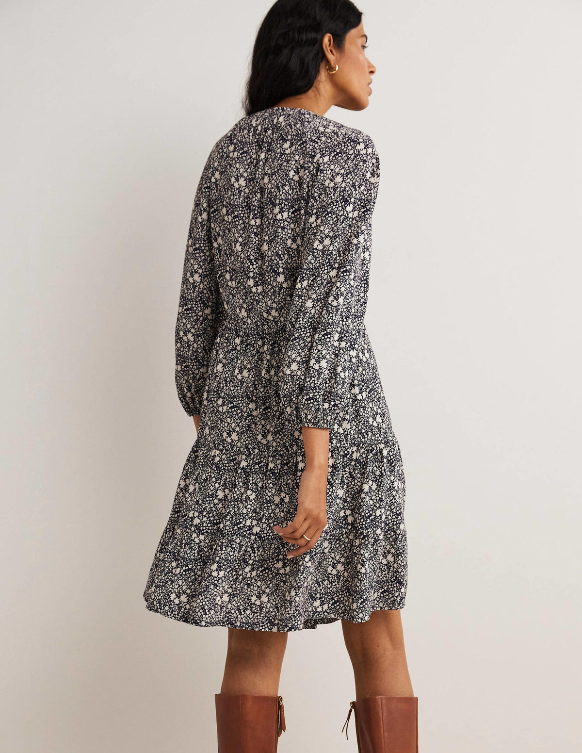 Notch Neck Tiered Dress-Navy, Abstract Ditsy-3