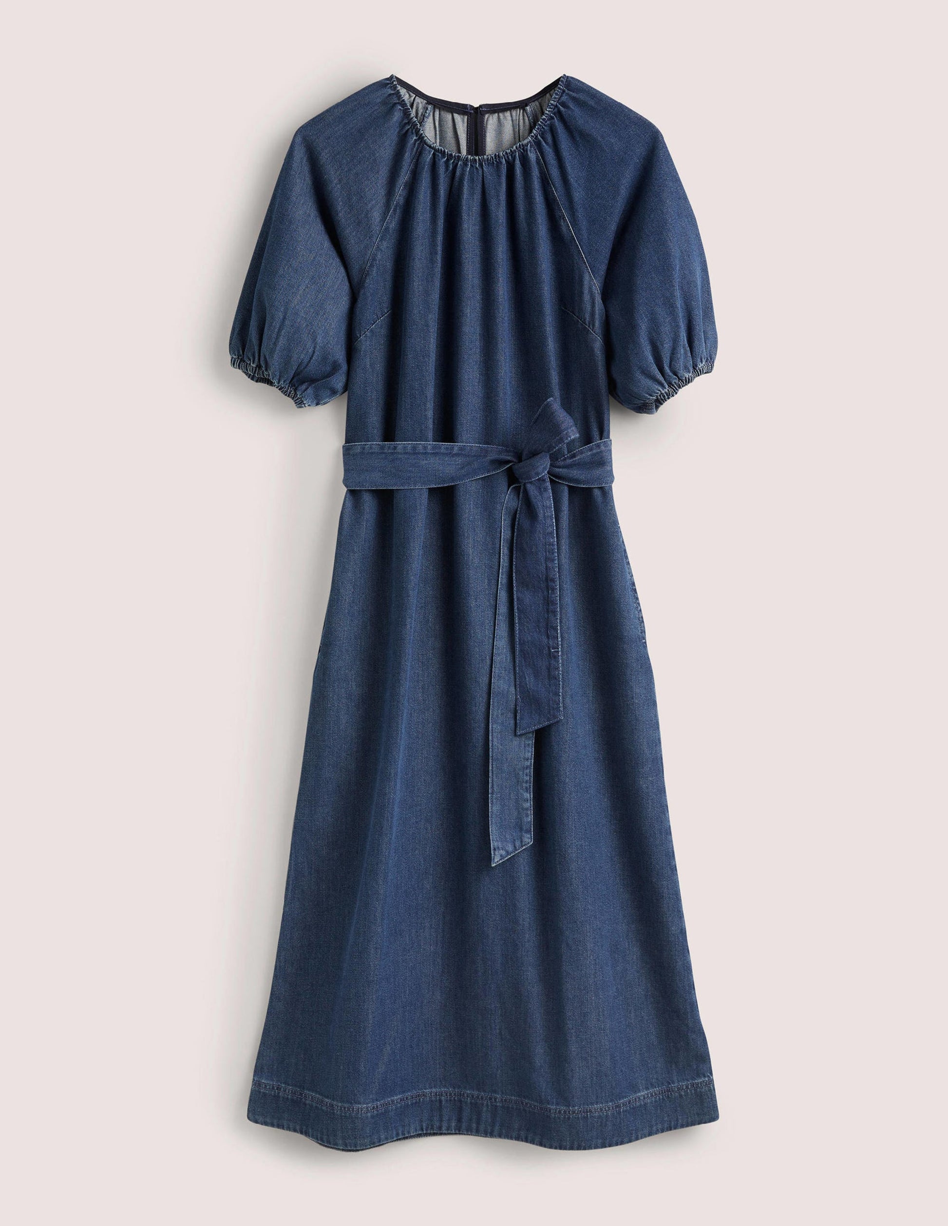 Puff Sleeve Column Midi Dress-Mid Denim-8