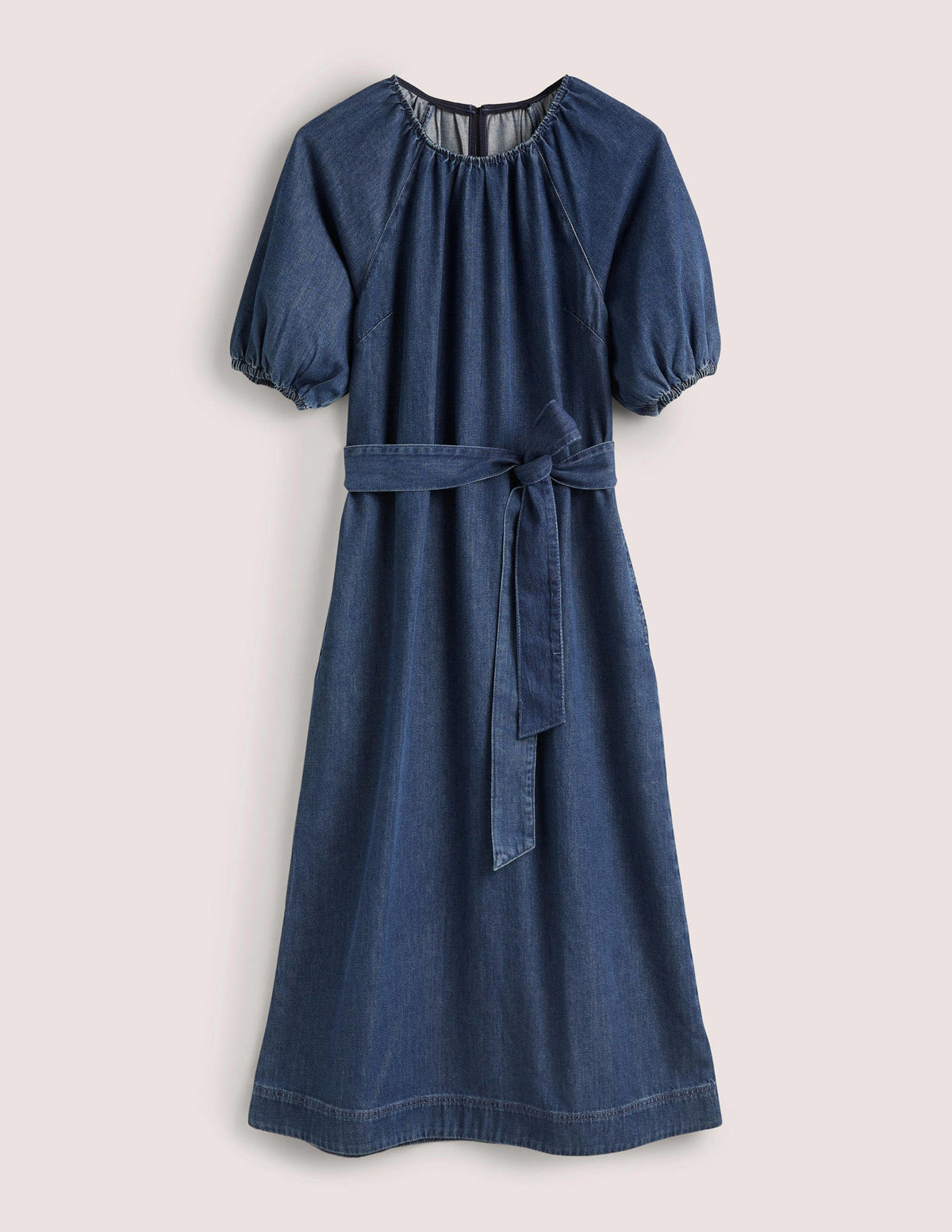 Puff Sleeve Column Midi Dress-Mid Denim - Image 8