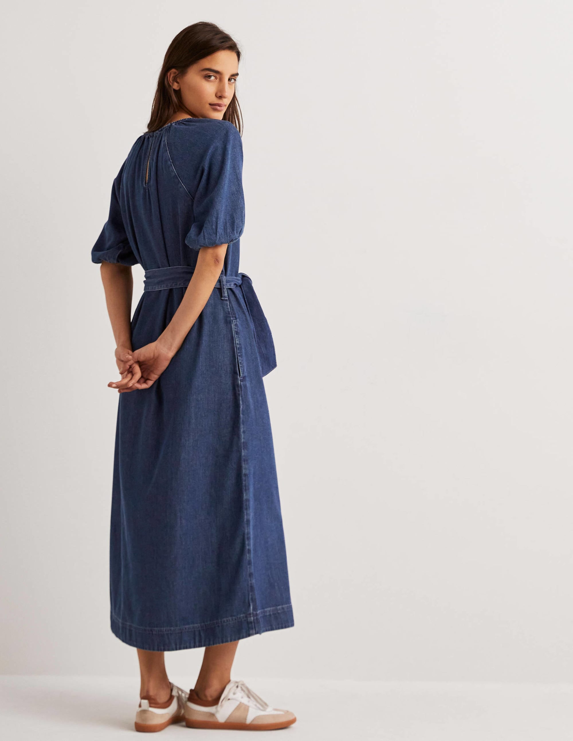 Puff Sleeve Column Midi Dress-Mid Denim - Image 3
