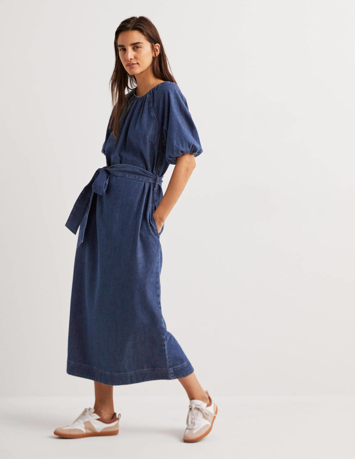 Puff Sleeve Column Midi Dress-Mid Denim - Image 4