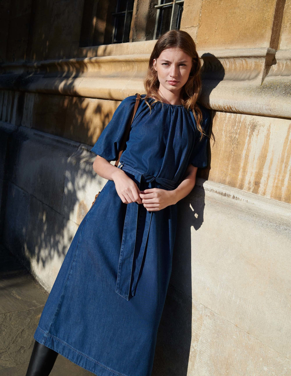 Puff Sleeve Column Midi Dress-Mid Denim - Image 6