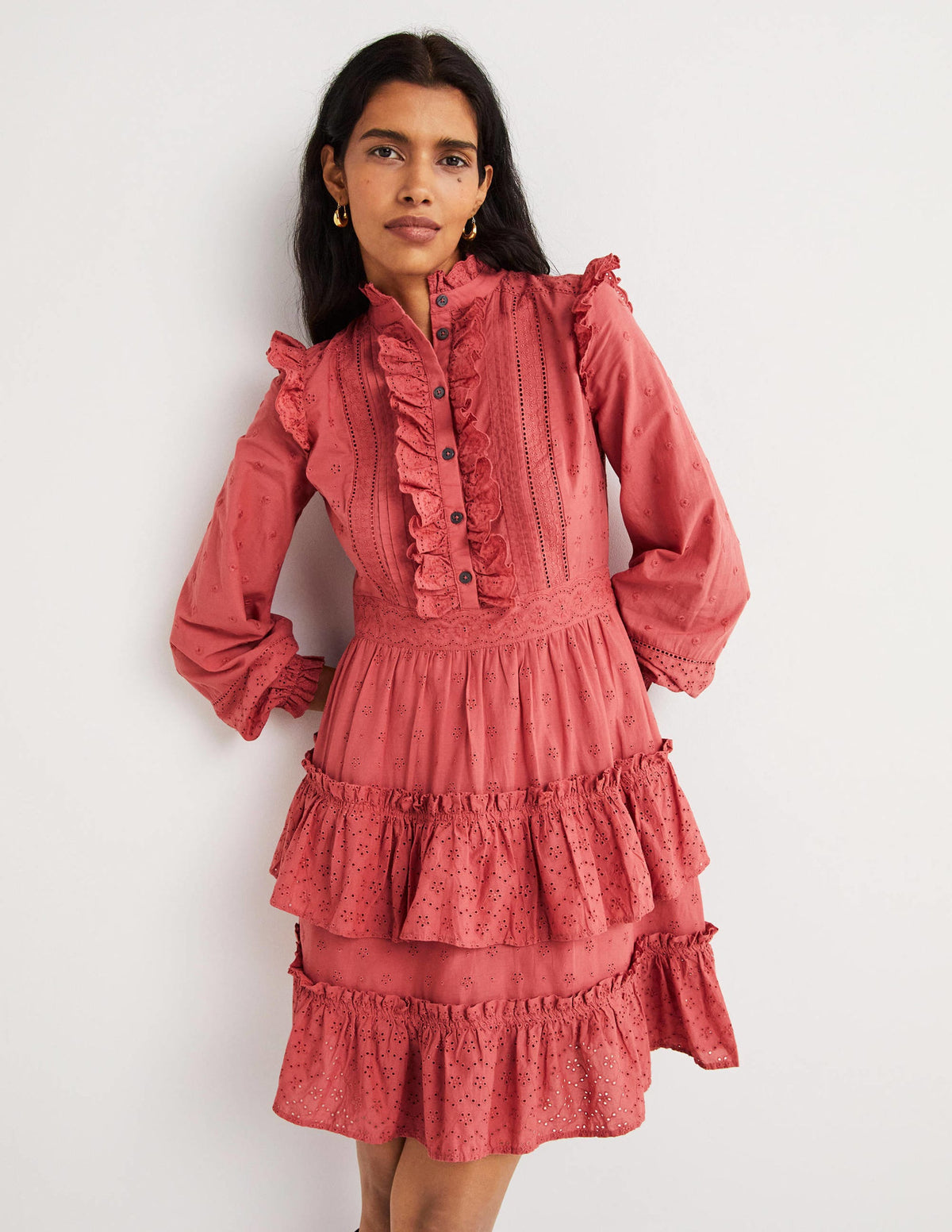 Mixed Broderie Shirt Dress-Dusty Red - Image 1