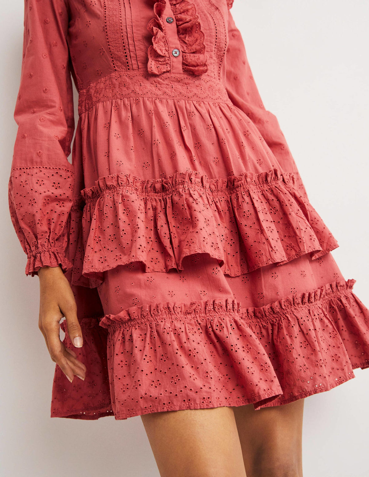 Mixed Broderie Shirt Dress-Dusty Red-2