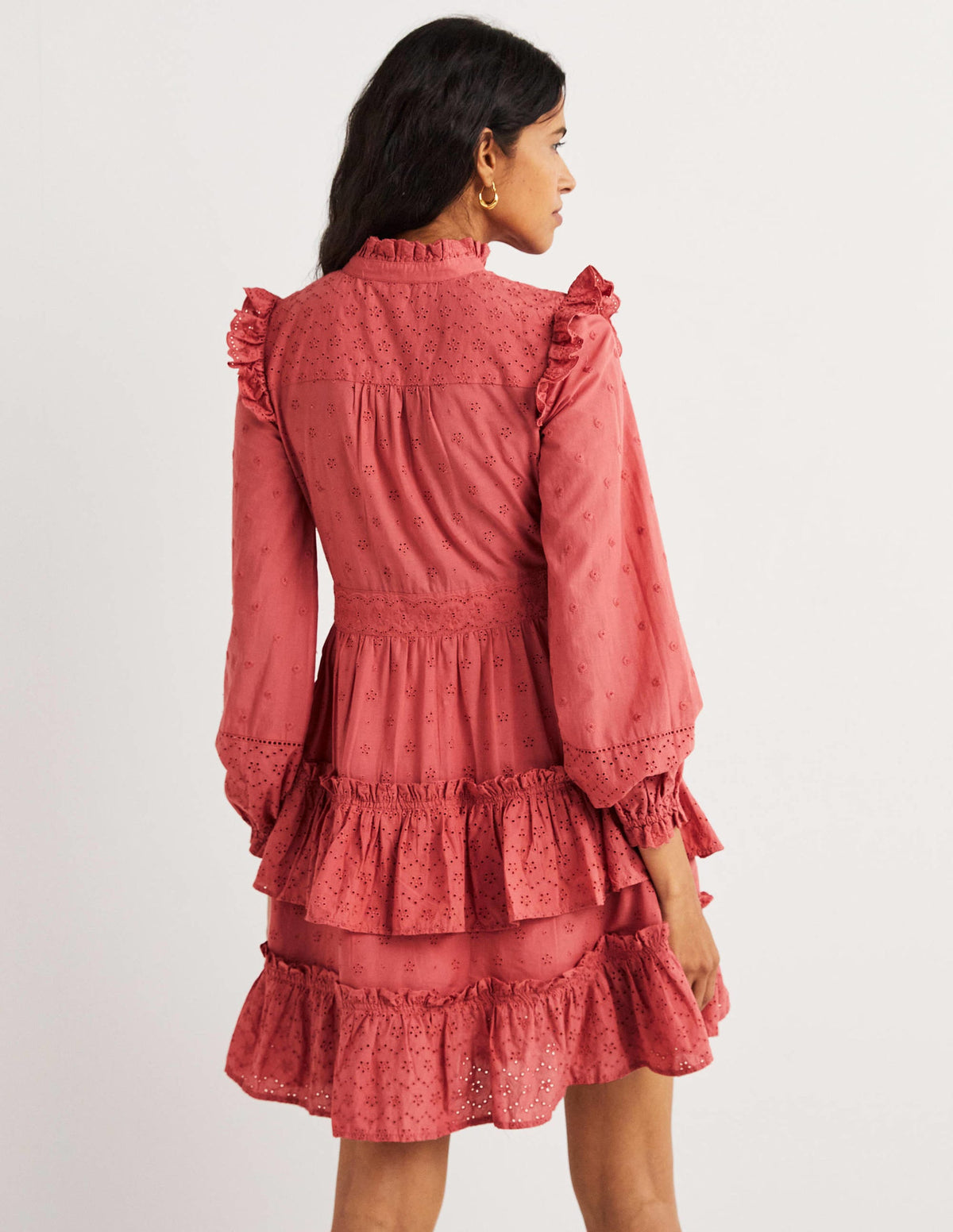 Mixed Broderie Shirt Dress-Dusty Red - Image 3