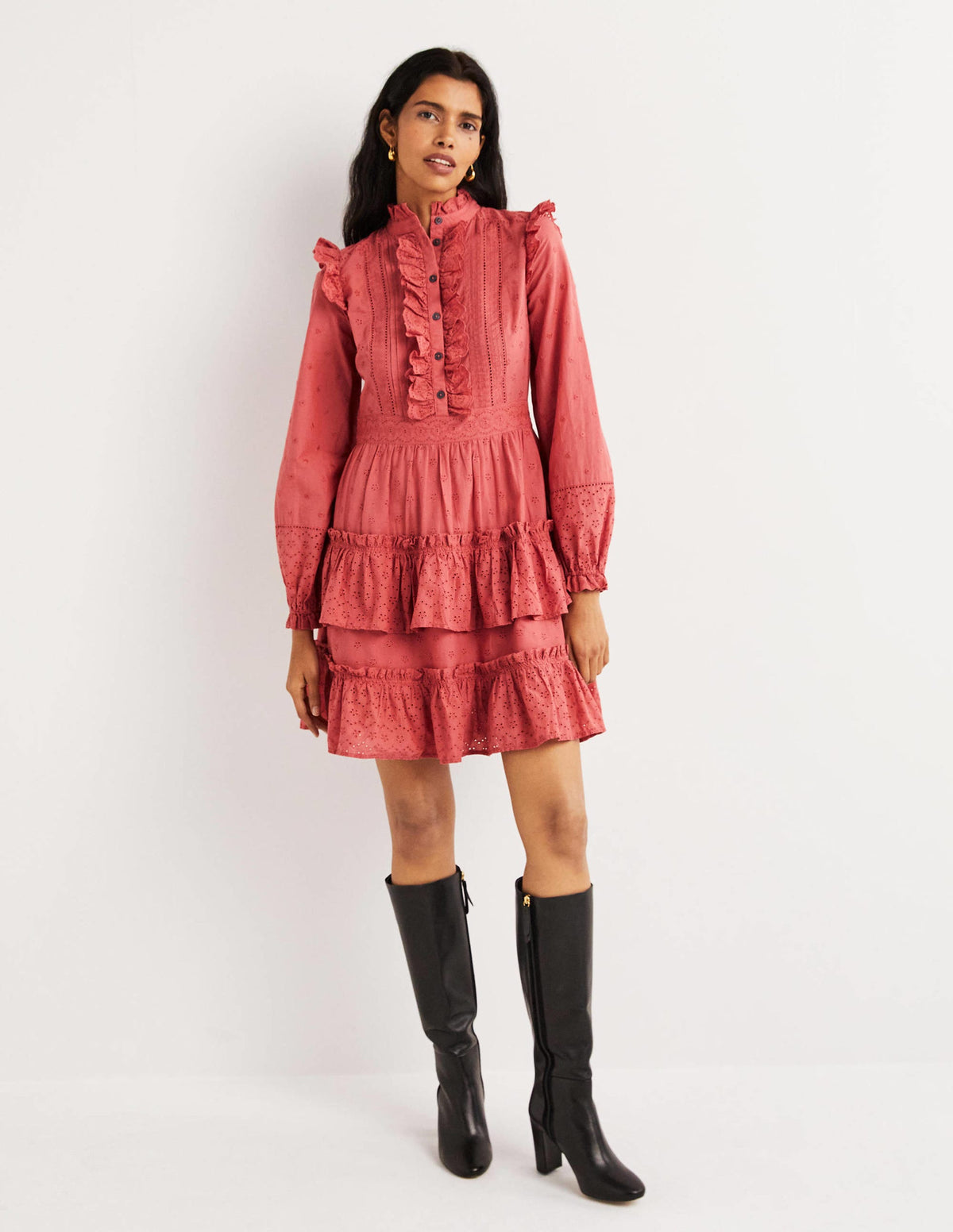 Mixed Broderie Shirt Dress-Dusty Red - Image 4