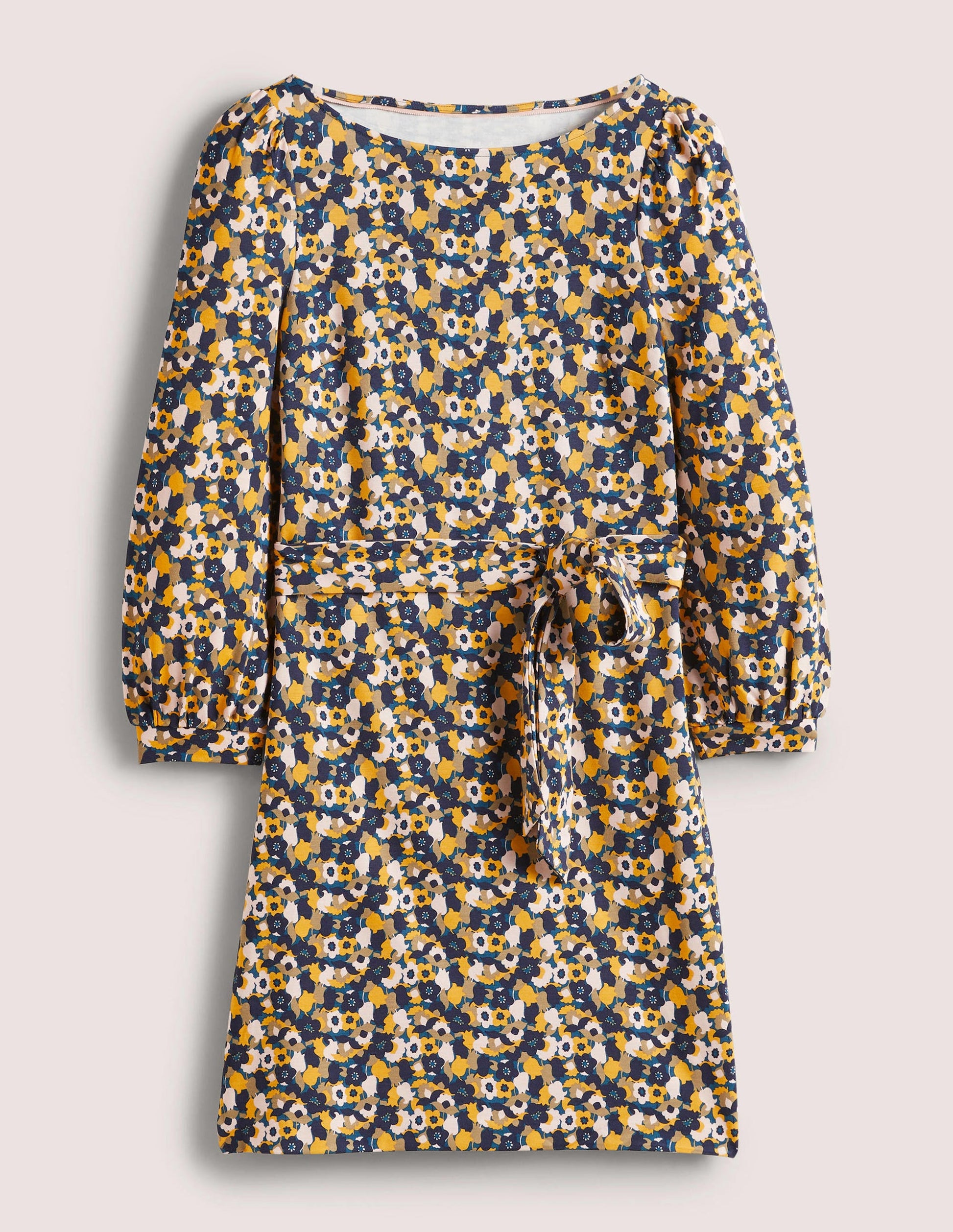 Tie Detail Jersey Shift Dress-Navy, Tulip Cluster-5