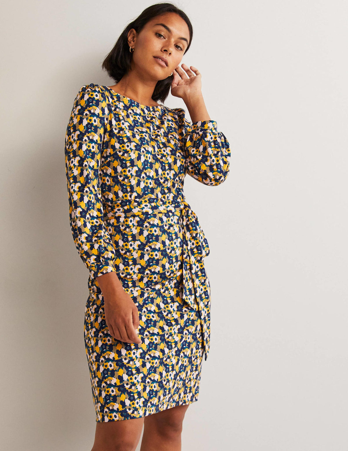 Tie Detail Jersey Shift Dress-Navy, Tulip Cluster-1