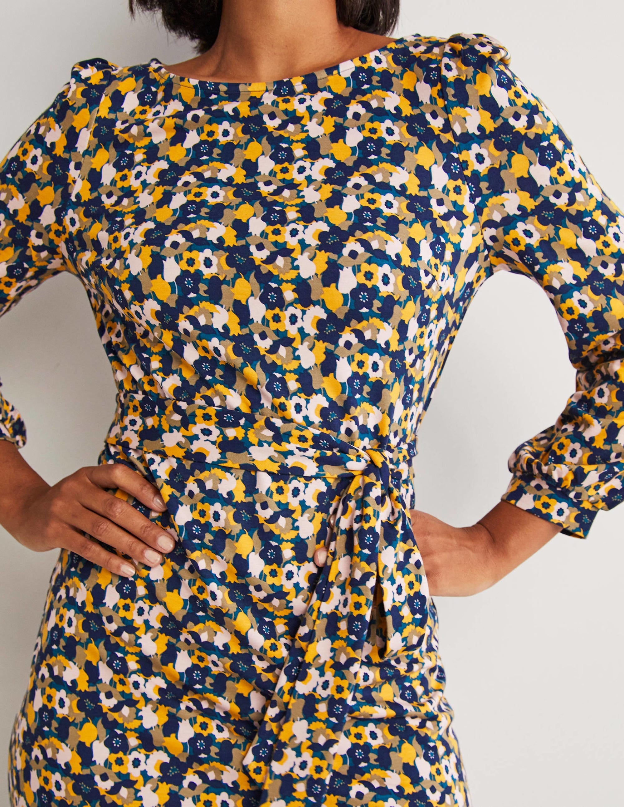 Tie Detail Jersey Shift Dress-Navy, Tulip Cluster - Image 2