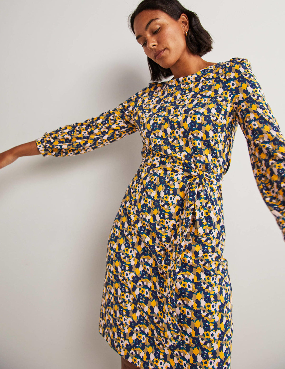 Tie Detail Jersey Shift Dress-Navy, Tulip Cluster-4
