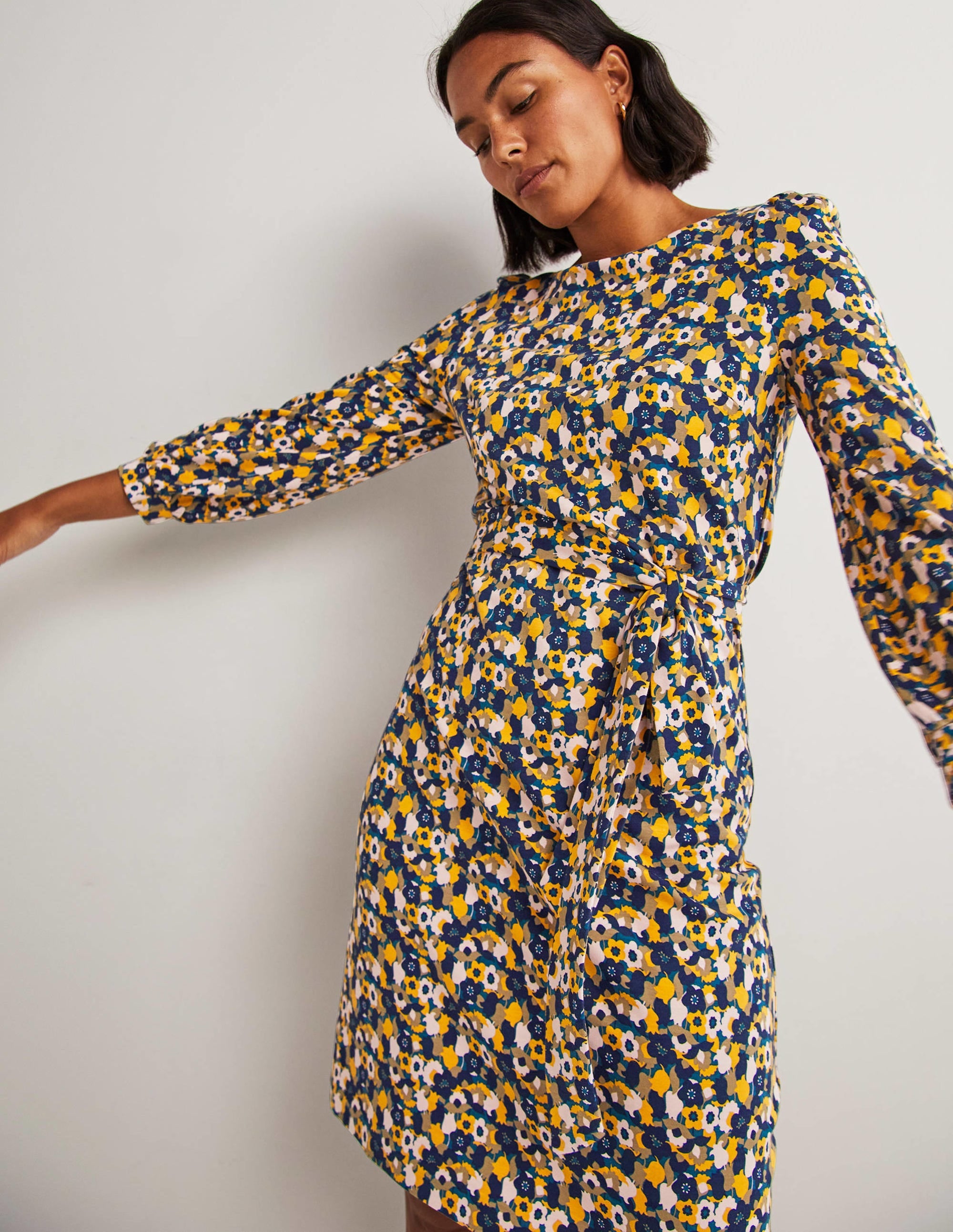Tie Detail Jersey Shift Dress-Navy, Tulip Cluster - Image 4