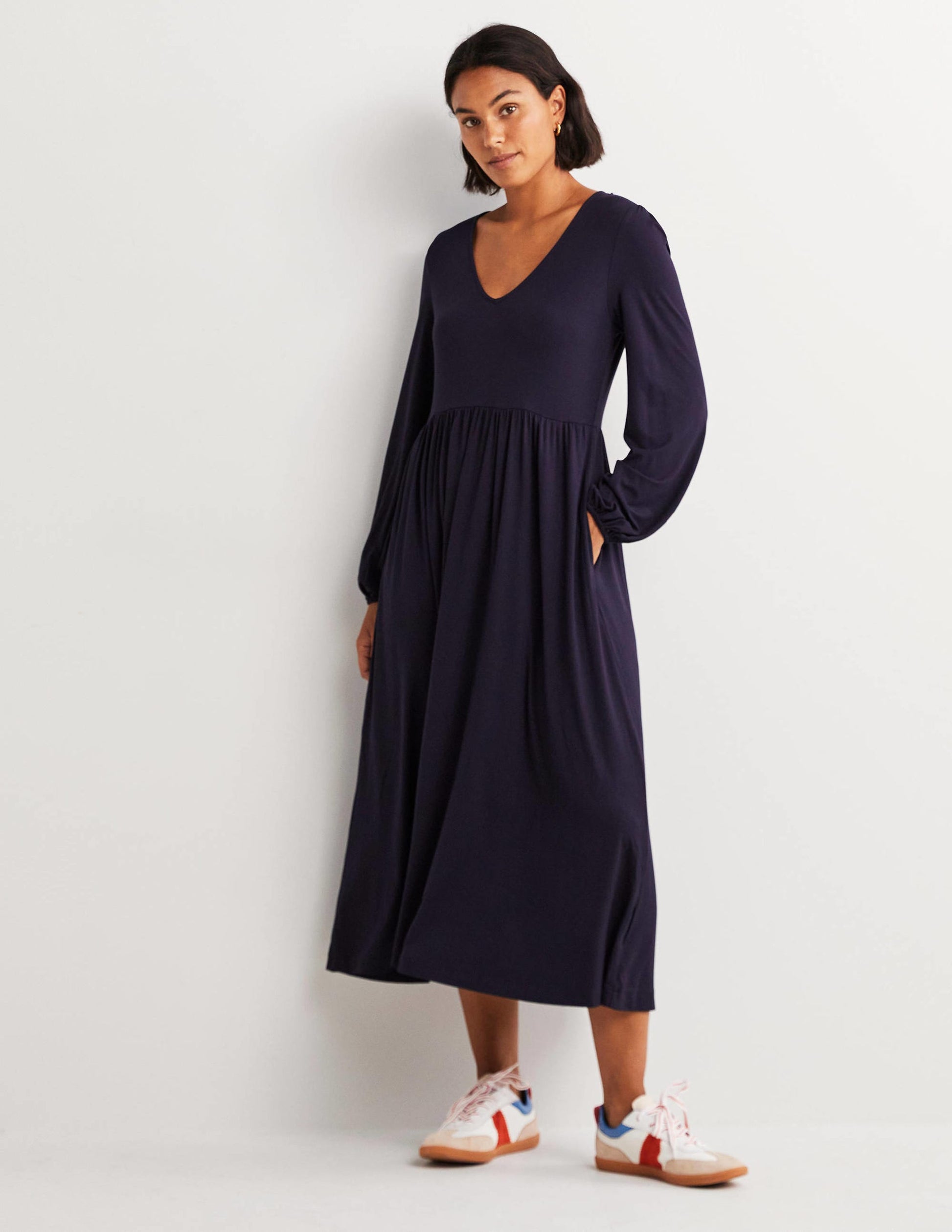 Long Sleeve Jersey Midi Dress-Navy-1