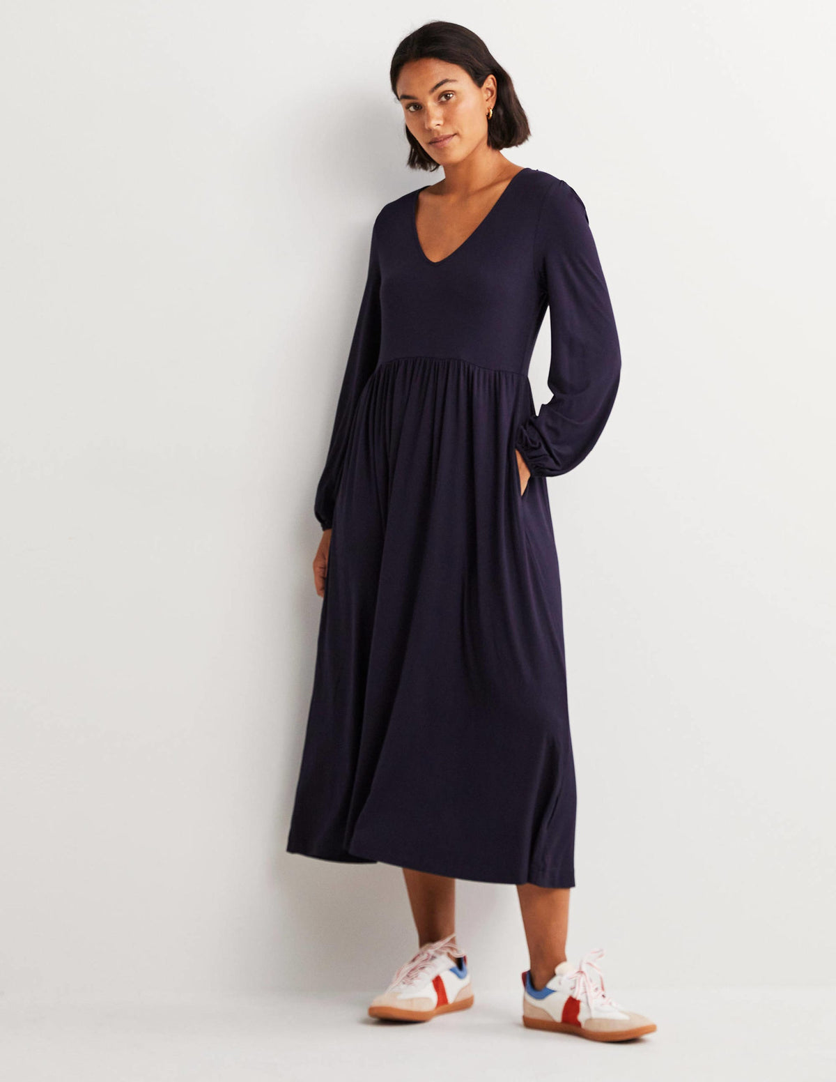 Long Sleeve Jersey Midi Dress-Navy - Image 1